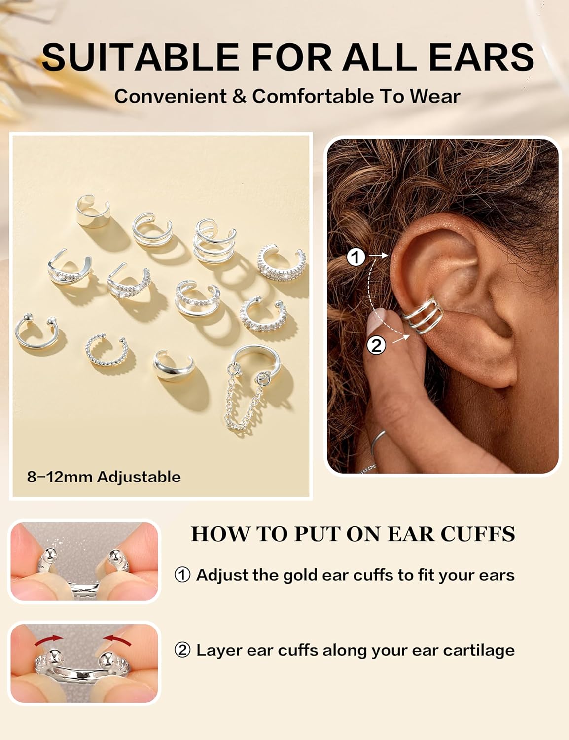 LOLIAS 12Pcs Ear Cuffs Non Piercing - 14K Gold Plated Ear Cuff Earrings for Women Adjustable Earring Cuffs for Non Pierced Ears Clip on Cartilage Earring Fake Earrings Set - Image 3