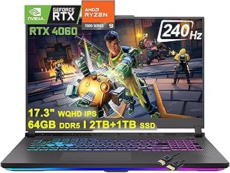 ASUSROG Strix G17 G713 Gaming Laptop | 17.3" WQHD IPS 240Hz | AMD 12-Core Ryzen 9 7845HX >i9-12900H | 64GB DDR5 2TB+1TB SSD | GeForce RTX 4060 8GB | USB-C RGB Backlit Win11 Black + HDMI Cable