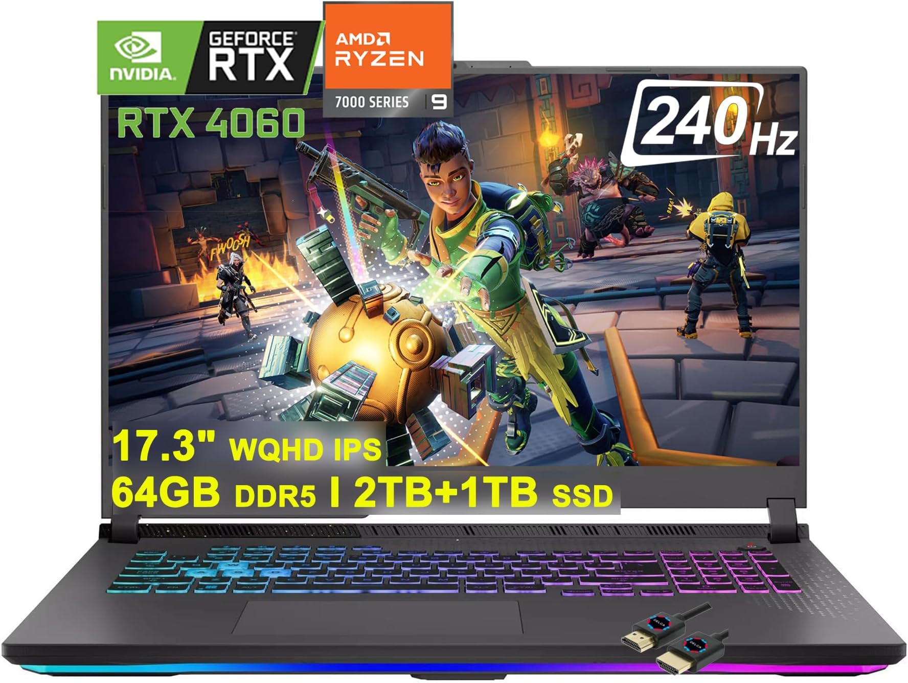 ASUSROG Strix G17 G713 Gaming Laptop | 17.3" WQHD IPS 240Hz | AMD 12-Core Ryzen 9 7845HX >i9-12900H | 64GB DDR5 2TB+1TB SSD | GeForce RTX 4060 8GB | USB-C RGB Backlit Win11 Black + HDMI Cable