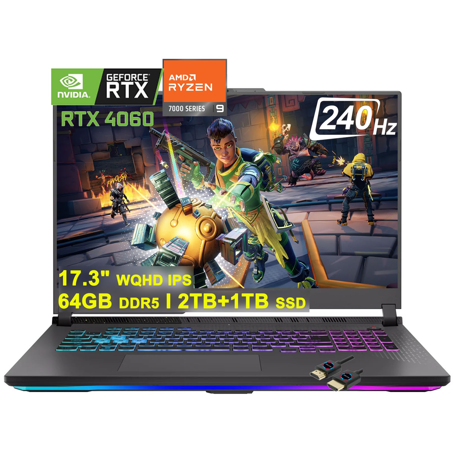 ASUSROG Strix G17 G713 Gaming Laptop | 17.3" WQHD IPS 240Hz | AMD 12-Core Ryzen 9 7845HX >i9-12900H | 64GB DDR5 2TB+1TB SSD | GeForce RTX 4060 8GB | USB-C RGB Backlit Win11 Black + HDMI Cable