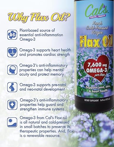 Miniatura 2 de Cal's Aceite de lino, linaza prensada en frío, alto en ácidos grasos omega-3, aceite de linaza sin refinar, suplemento líquido de aceite esencial de