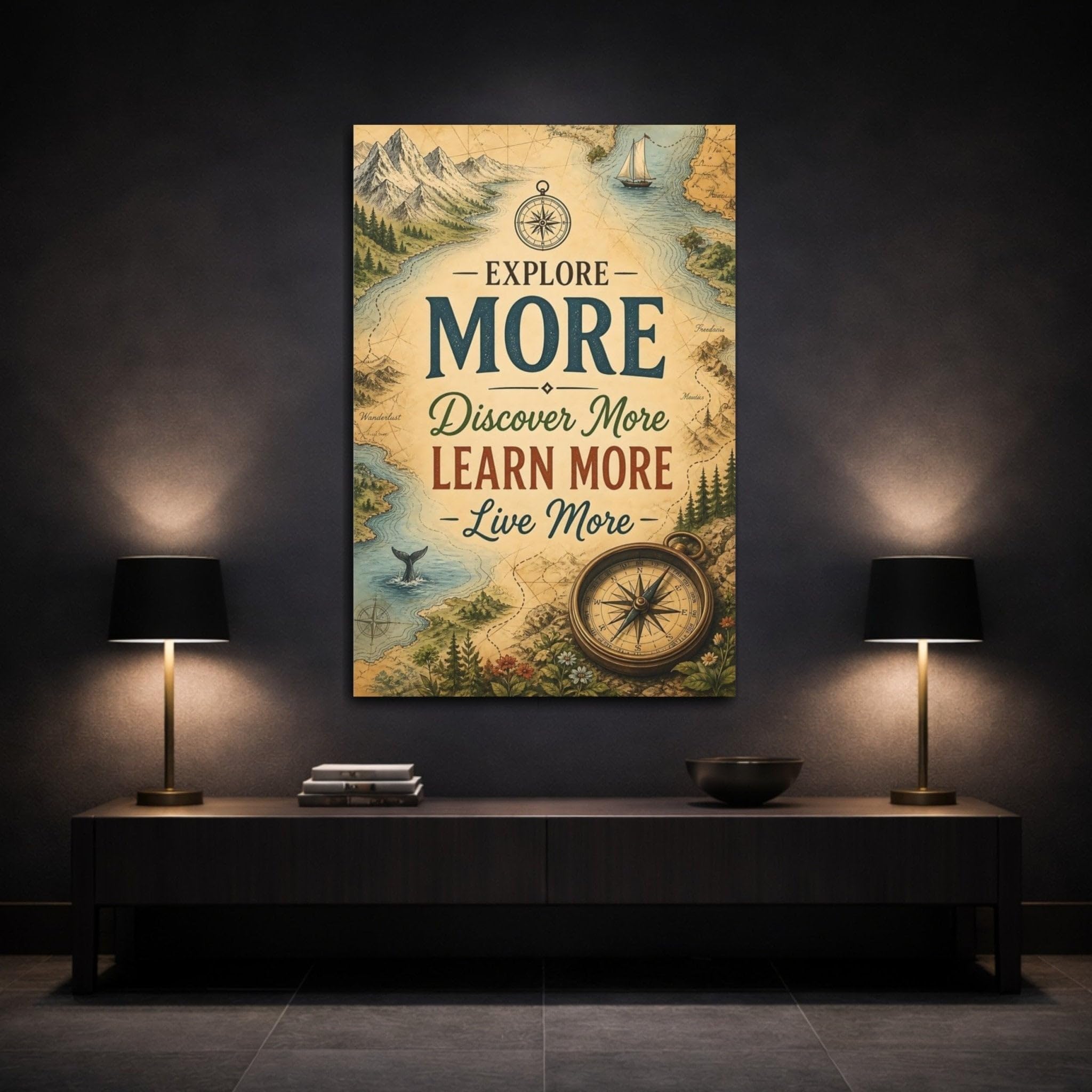 Maps Vintage Canvas Print – Living Room, Above Console Table 24×36 inch (60×90 cm) - Vertical / 1.25 inch (3 cm)