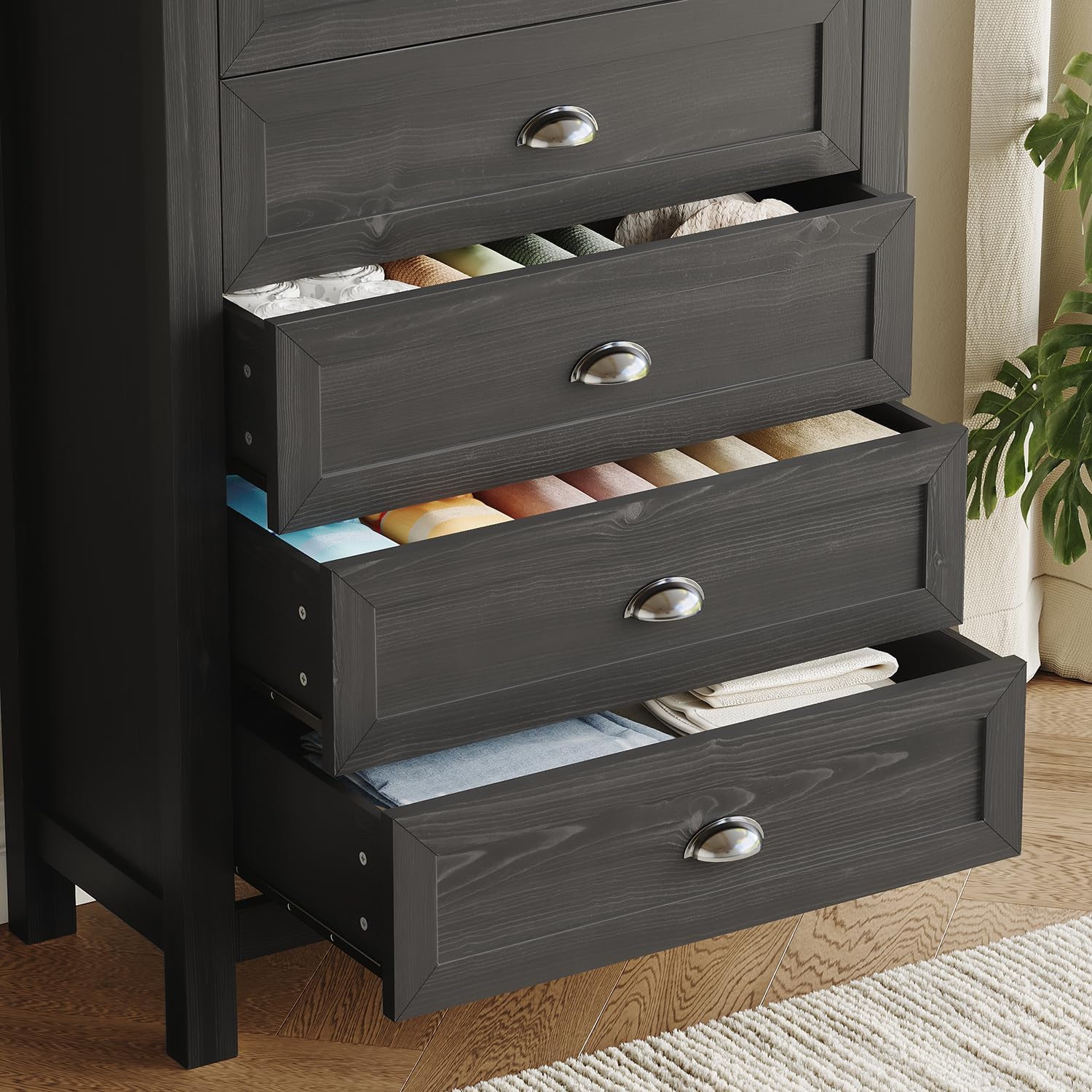 Black Dresser for Bedroom, Farmhouse 5 Drawers Dresser, 46.9" Tall Chest of Drawers with Metal Handles,Wood Chest Storage Cabinet for Living Room, Bedroom, Hallway - Image 6