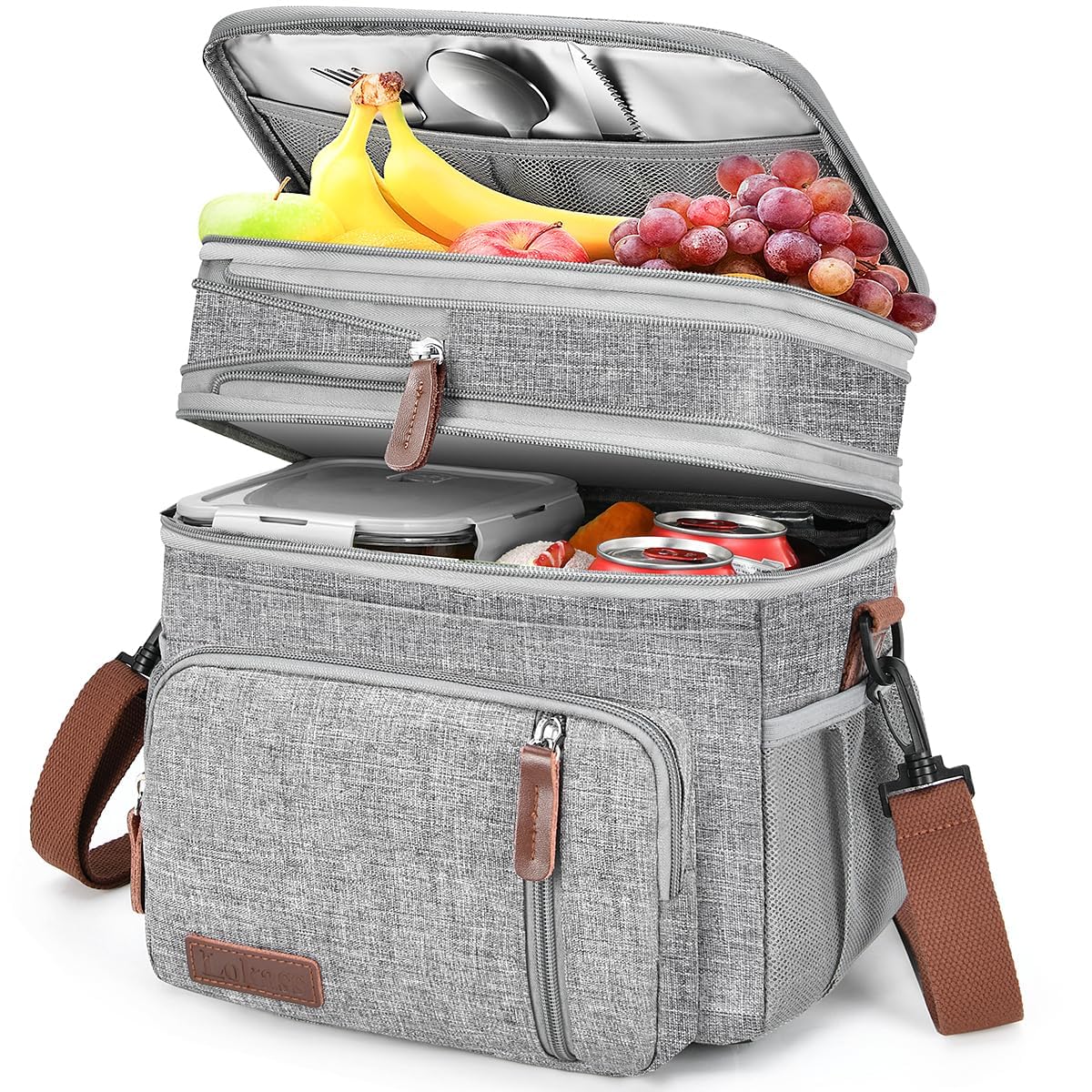LOKASS Expandable Lunch Box for Women Men | Adult Lunchbag Cooler Tote Bag with Adjustable Shoulder Strap | Insulated Reusable Womens Lunch Bags for Work Camping Beach | 16L, Grey