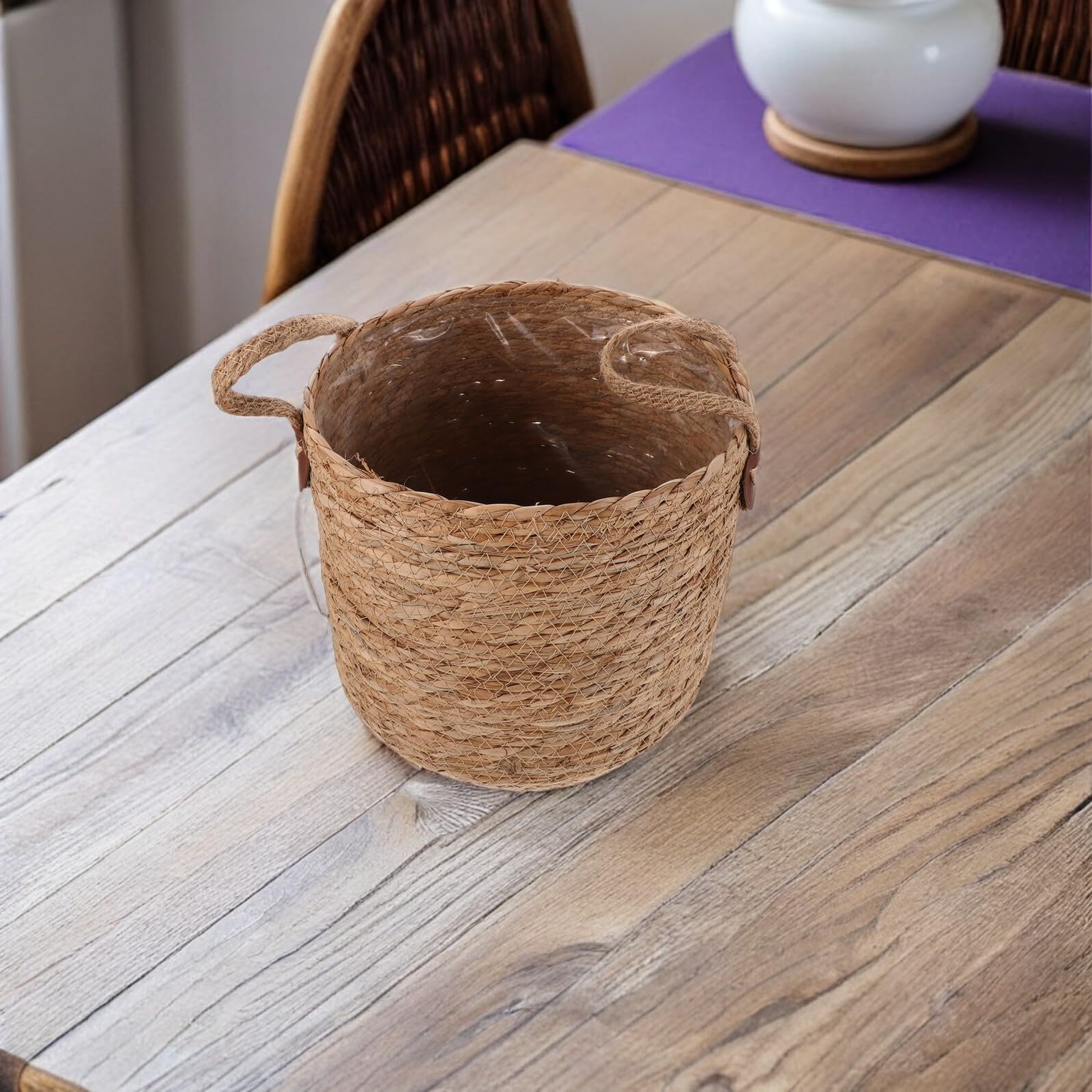 Panier à Fleurs en Tressée Fait Main Cache-Pot Rond Petit Format 27 CM avec Doublure Jardinière D’Intérieur Stable et Respirante pour Salon Balcon et Bureau