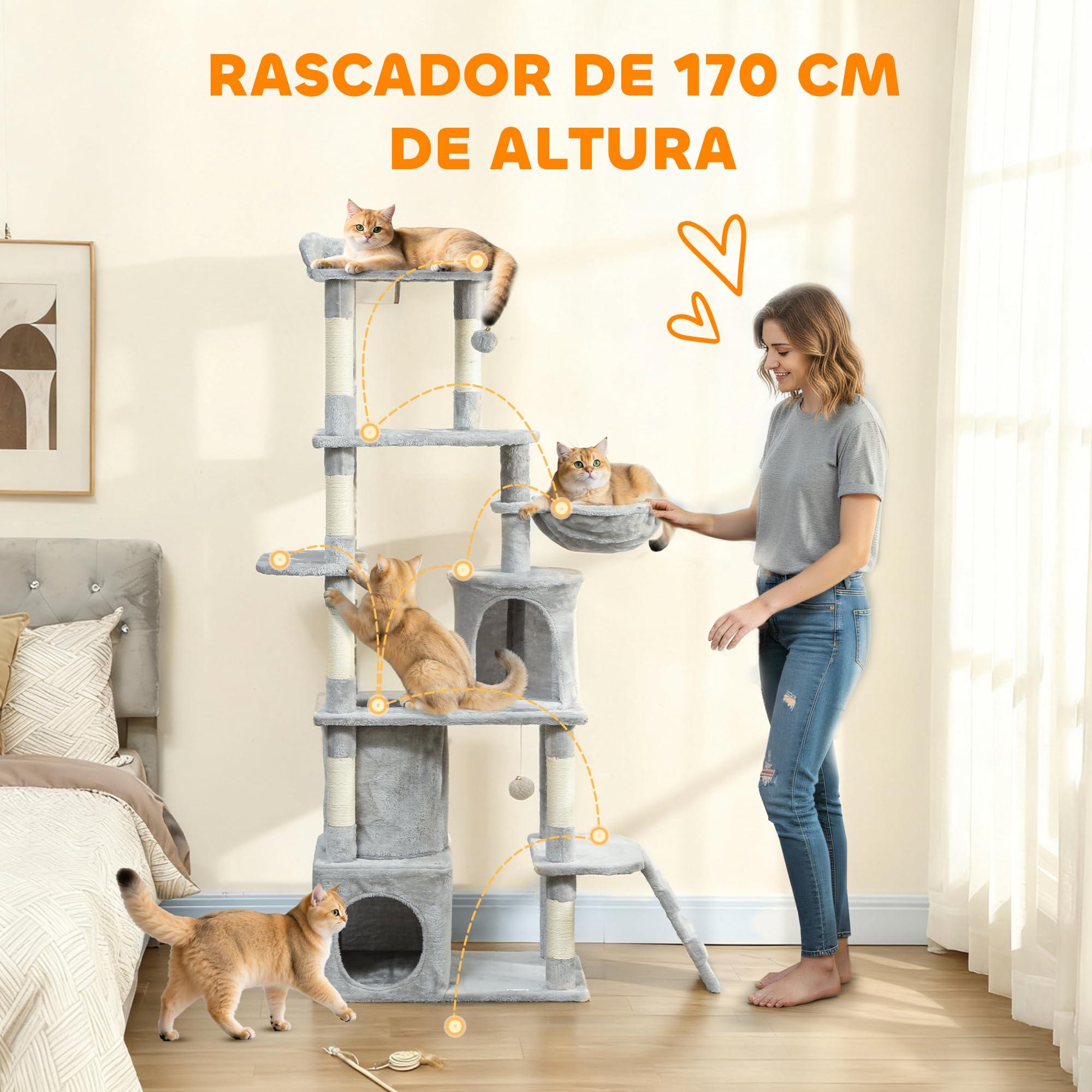 PawHut Árbol Rascador para Gatos Grande Torre de Escalada 170 cm Gris Claro | Árbol para Gatos, 7 Postes, 1 Túnel, 3 Plataformas, 2 Cuevas, 1 Hamaca, 1 Percha, 1 Rampa, Pompones