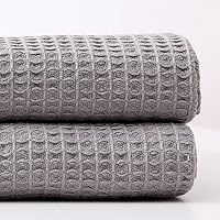 Isaenne Grey Waffle Weave 100% Cotton Throw Blanket 80x60 - Breathable Lightweight Cooling Blanket for Bed, Couch, Camp All-Season