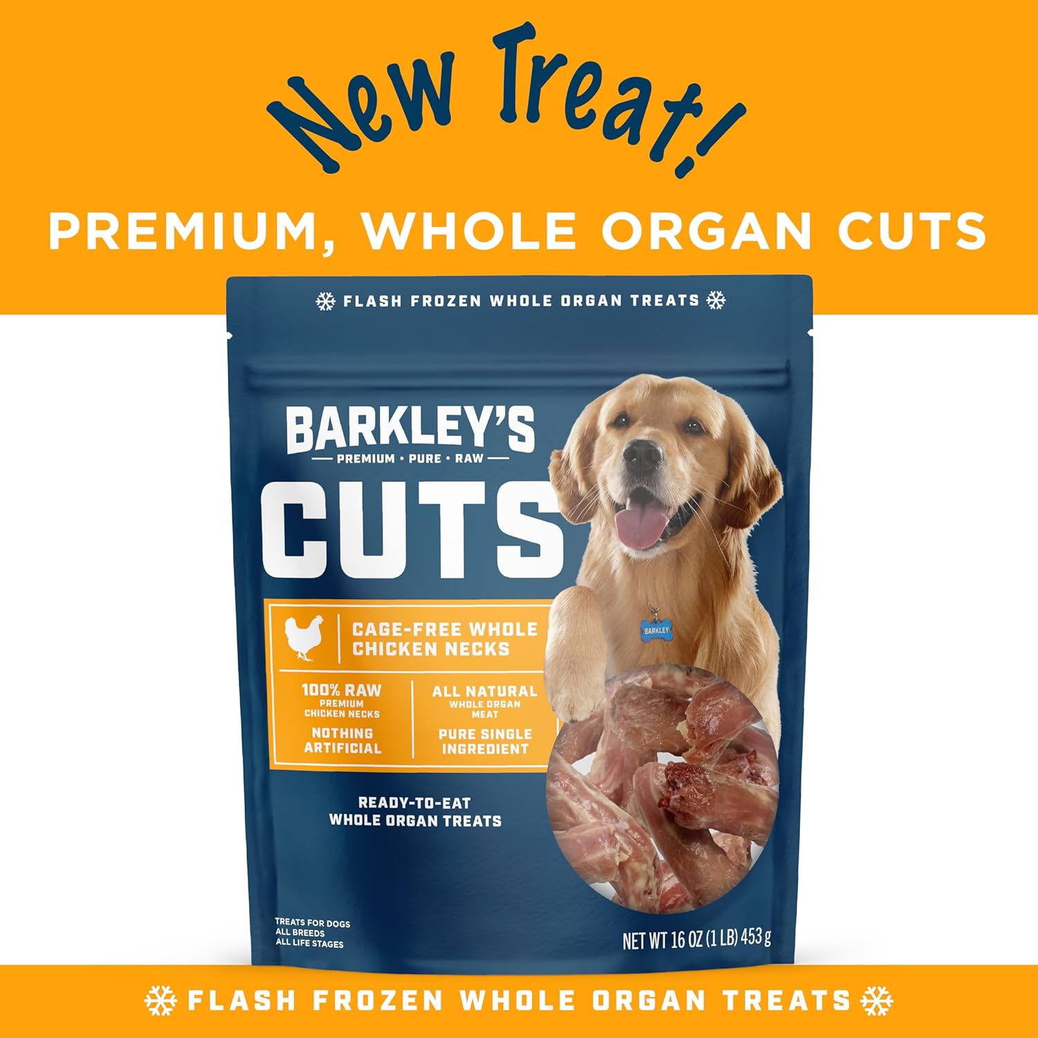 Barkley’s Cuts, Frozen Raw Whole Chicken Necks Dog Treats, Single Ingredient, Flash Frozen, Training Treats, Food Toppers for Puppies & Dogs, for All Dog Breeds, Ages & Sizes, 16 Oz Bag (6 Pack)