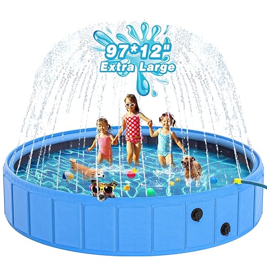 EPN Large Foldable Dog Pool – 0.55MM PVC 2-in-1 Portable Bathtub & Sprinkler for Dogs, Cats, Kids – Heavy Duty, Non-Slip, Summer Water Toy (97")