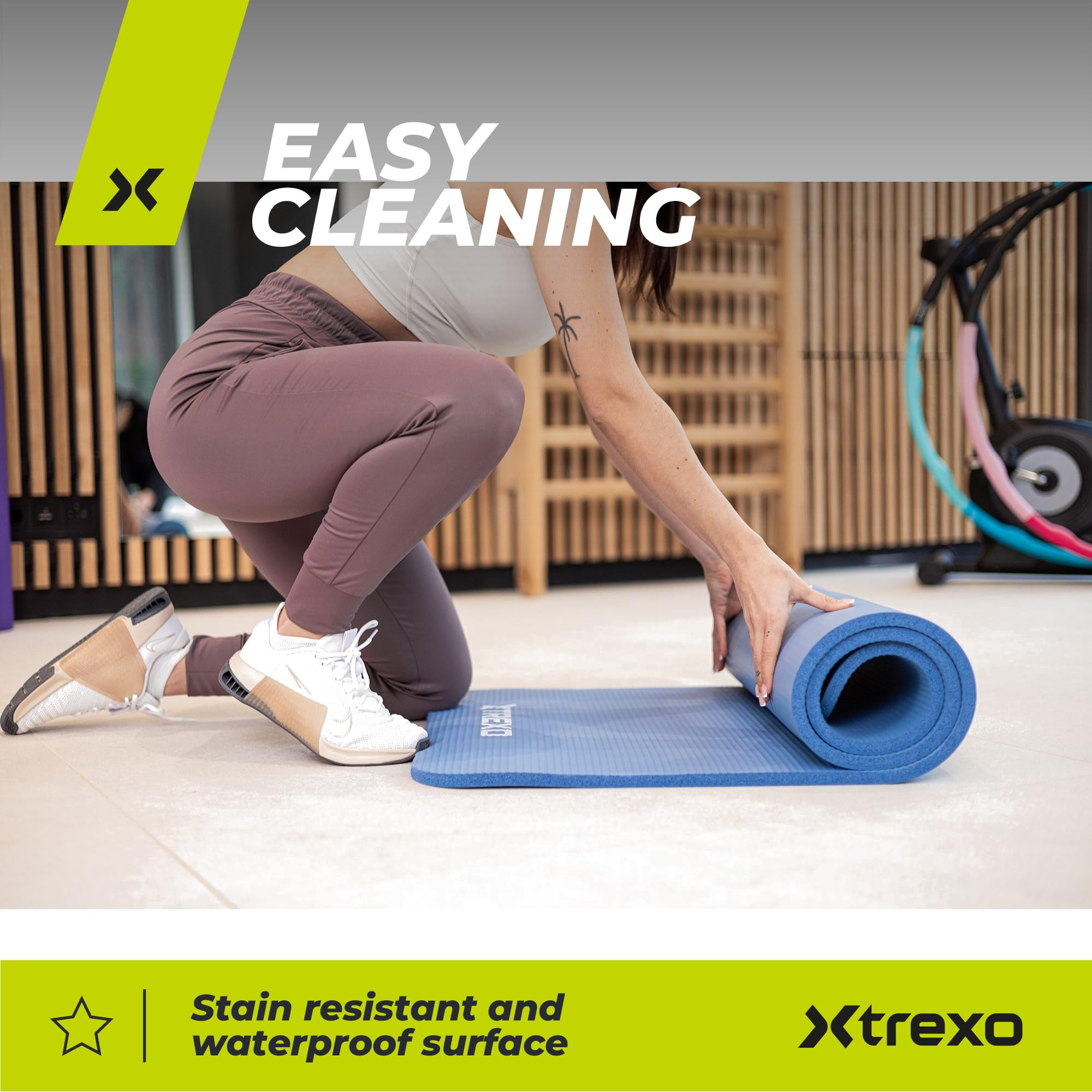 XTREXO NBR mata do ćwiczeń w kolorze jasnoróżowym, 183 x 61 cm, materiał o wyjątkowej trwałości i elastyczności, grubość 15 mm z antypoślizgową teksturą, w komplecie z paskiem do noszenia, idealna do