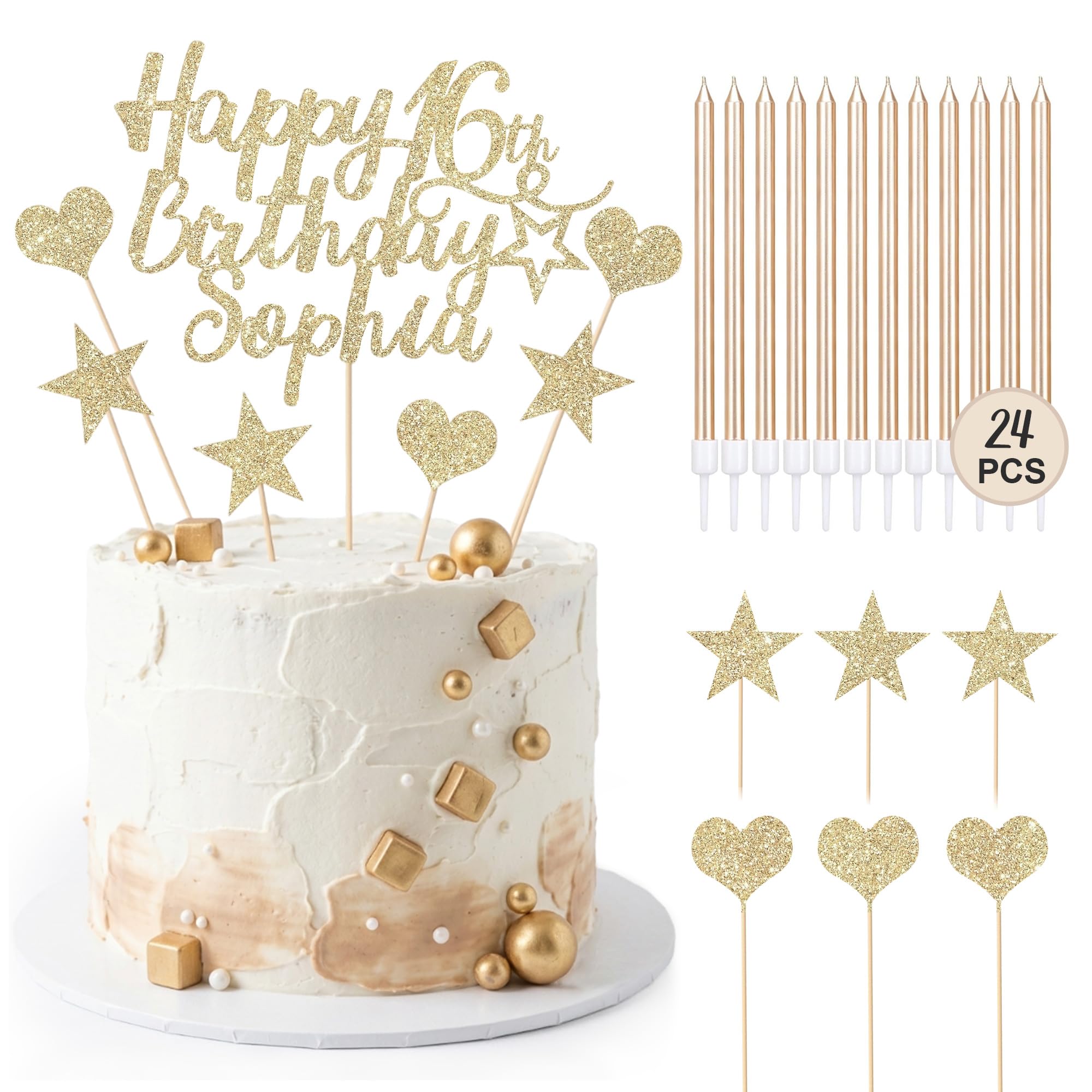 EDSG Personalised Happy Birthday Cake Topper with 24 Candles, Double-Sided Glitter Cake Decorations with Any Age Name, Birthday Party Supplies for Boys Girls Women Man (Champagne Gold) โ image 1