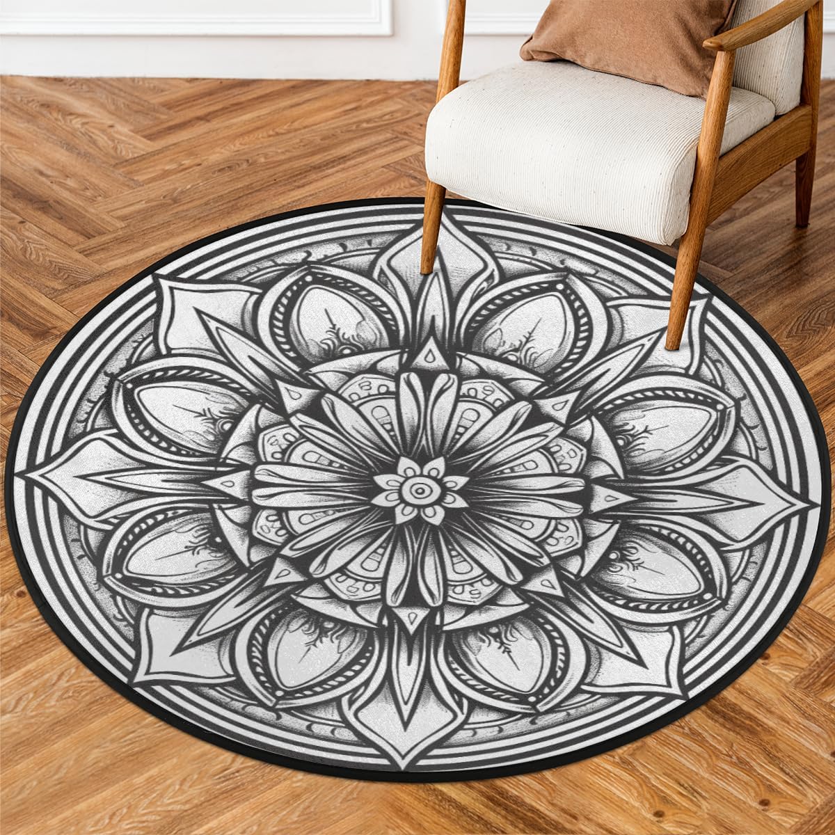 Round Rug 33.88in Indoor Circle Area Rug Vintage Mandala Flower Black Round Non Slip Washable Easy -Cleaning Soft Throw Rugs Floor Carpet for Farmhouse Living Room Bedroom Nursery Room Dining Room