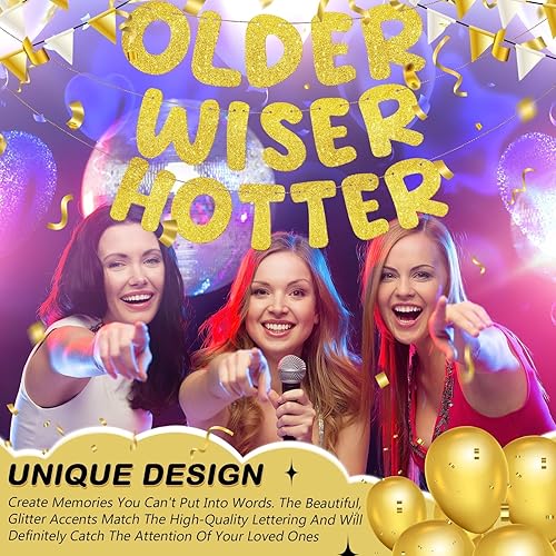 Miniatura 4 de Fulmoon Juego de 3 carteles de cumpleaños con purpurina para mujeres de 30, 40, 50, 60, 70, 80, cumpleaños, regalo (dorado)