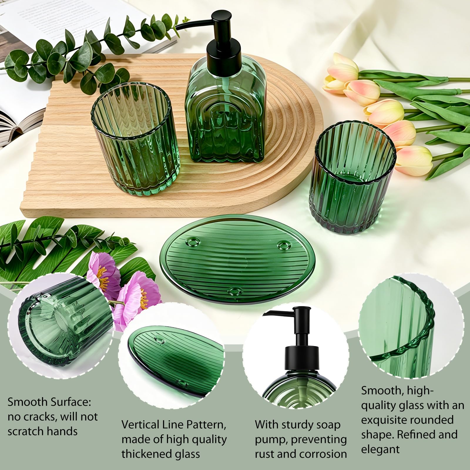 Badezimmer Set of 4 – 400ml Seifenspender, 2 Zahnputzbechern & Seifenschale | Grün Bad Zubehör Set, Badezimmer Organizer für Zahnbürsten&Wattestäbchen, Regenbogen-Muster, Edle Badezimmer Deko