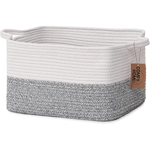 COMFY-HOMI Cotton Rope Woven Basket With Handles for Shelves,Toys,Book, Cloth Storage Baskets for Organizing-13.5" x 11" x 9.5" Cube Bin,Storage Organizer for Living Room, Bathroom White/Grey