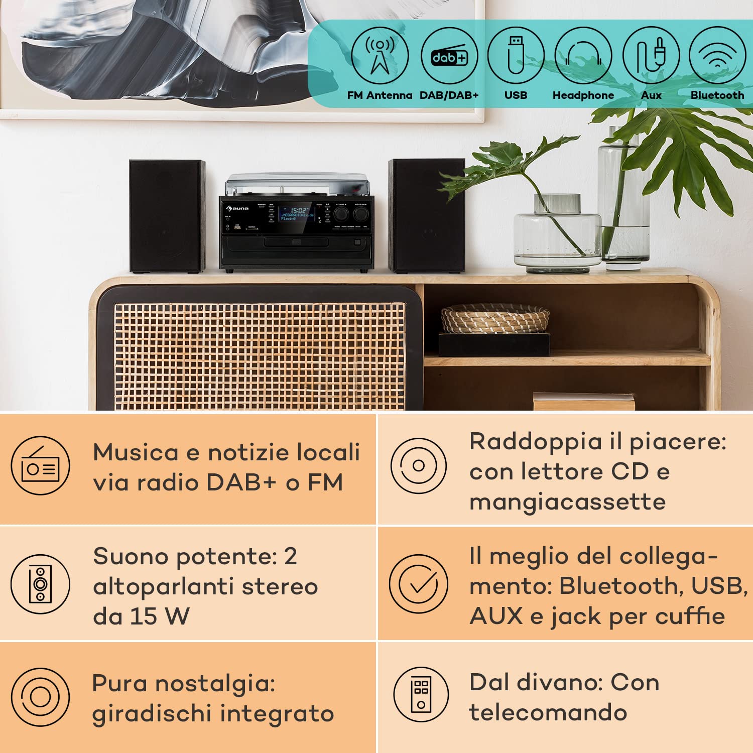 Auna Giradischi Bluetooth per Dischi in Vinile, Lettore Vinile a 3 Velocità di Riproduzione, Giradischi Vinili Vintage con Casse Stereo, AUX, Gira Dischi per Vinile con Jack per Cuffie e Lettore CD