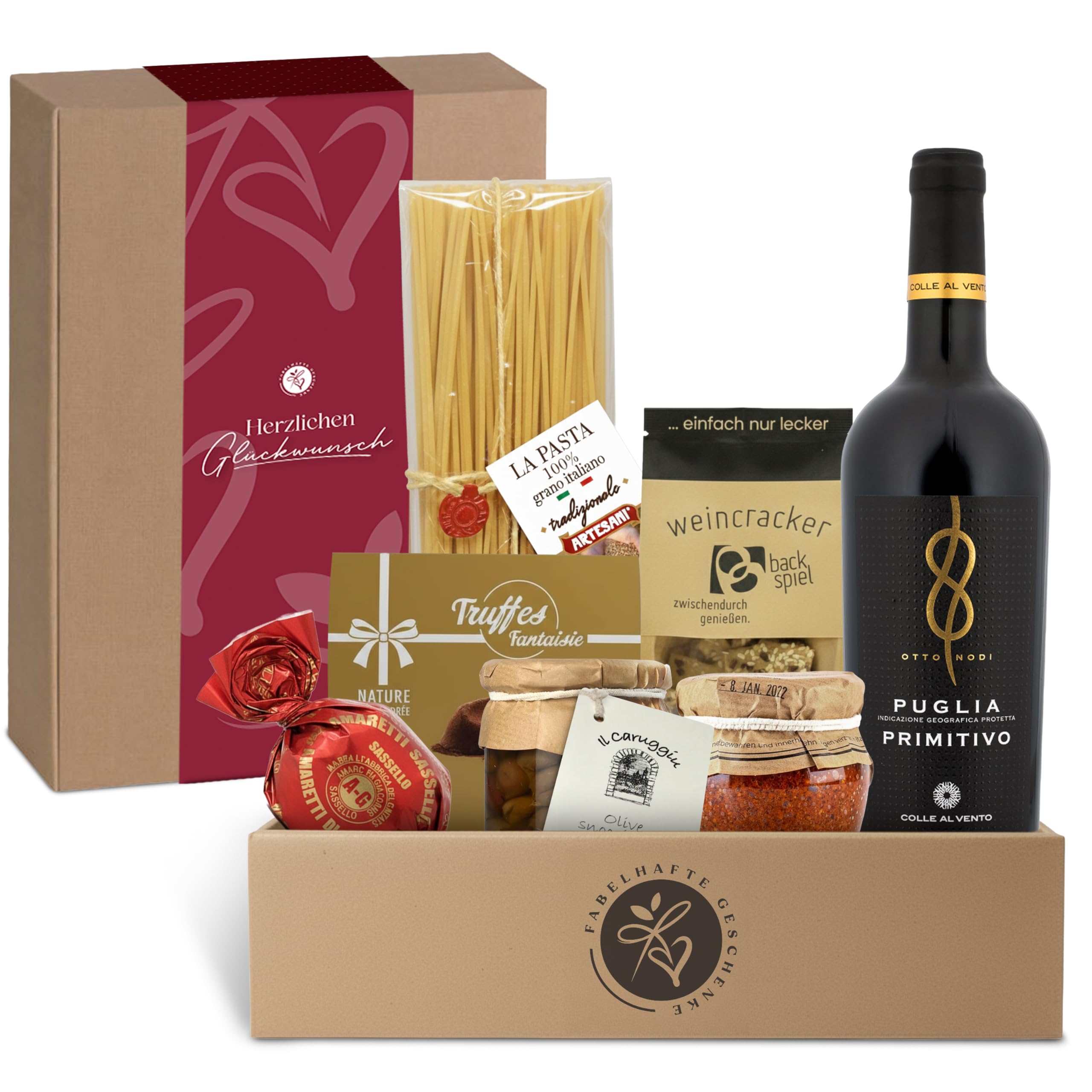 Präsentkorb Kulinarik Italien gefüllt mit trockenem Rotwein und italienischen Spezialitäten | Geschenkkorb für Männer & Frauen | mit " Herzlichen Glückwunsch" Banderole