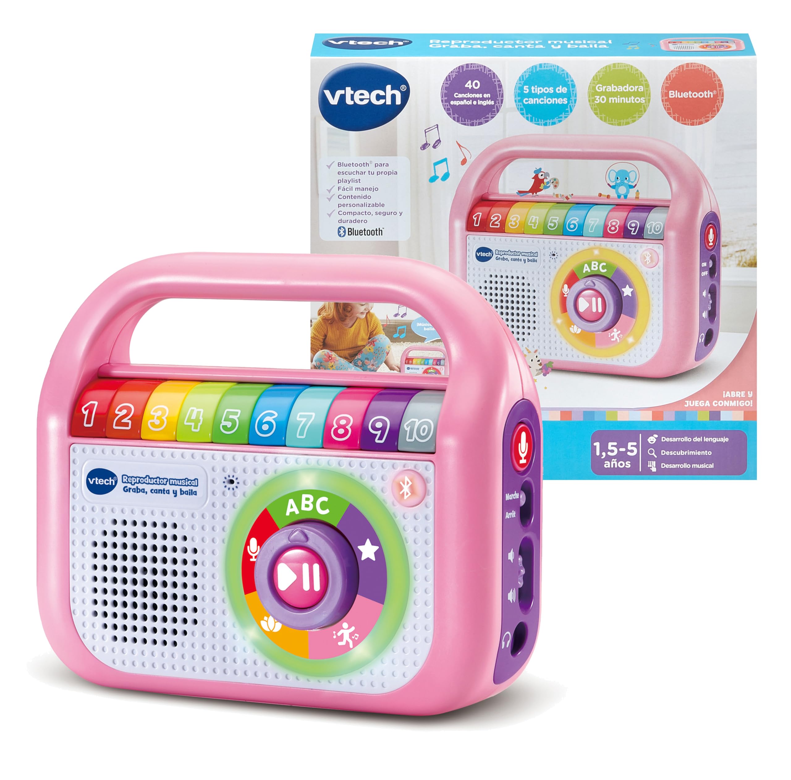VTech-Baby Reproductor Musical Graba Canta y Baila Rosa, Radio Infantil con Bluetooth, Grabadora, Juguete para niños +1.5 años, Versión en Español