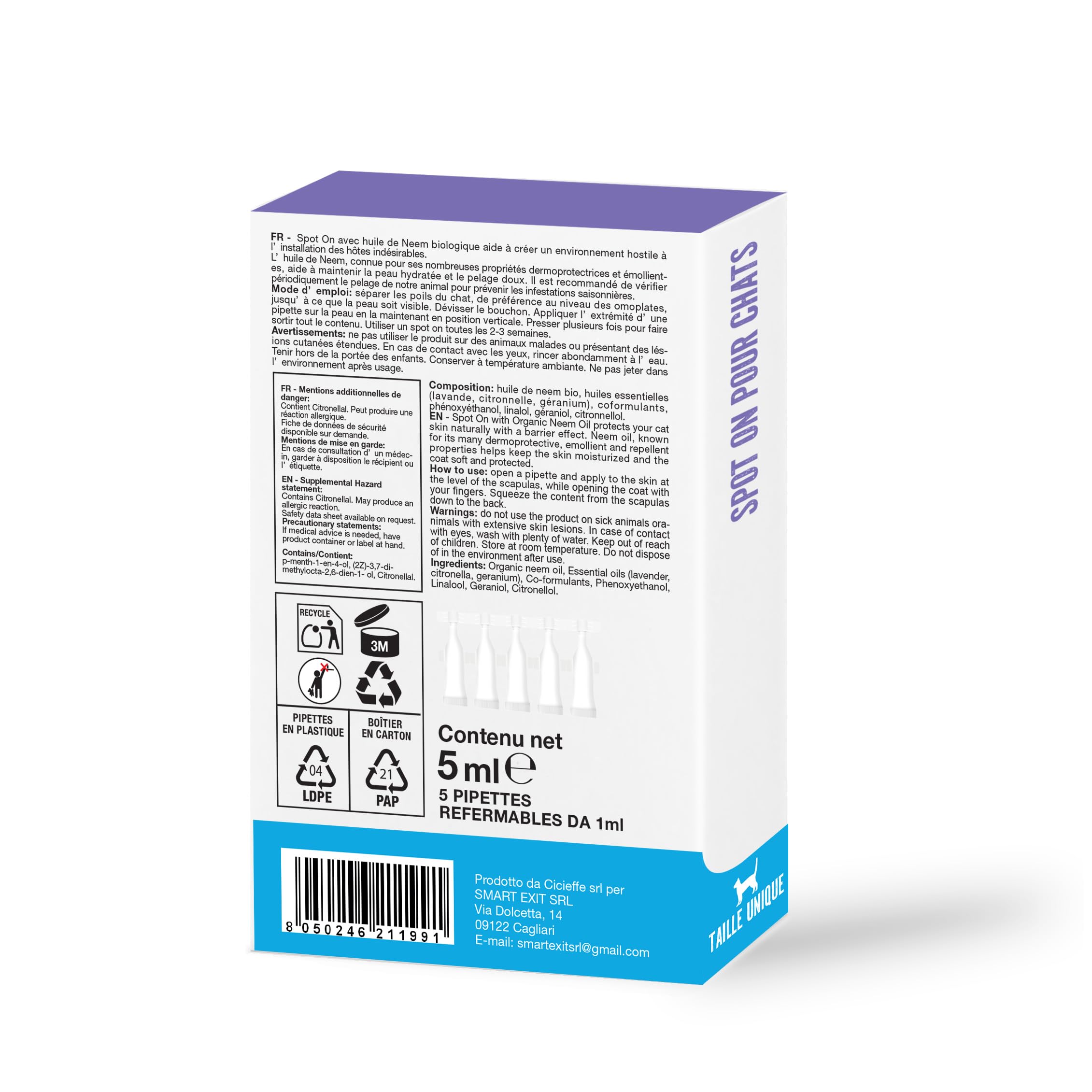 Spot on Antiparasitaire Naturel pour Chats et Chatons de Longue Durée, 5 Pipettes de 1 ML, Protège Contre Les Puces, Tiques, Phlébotomes et Moustiques