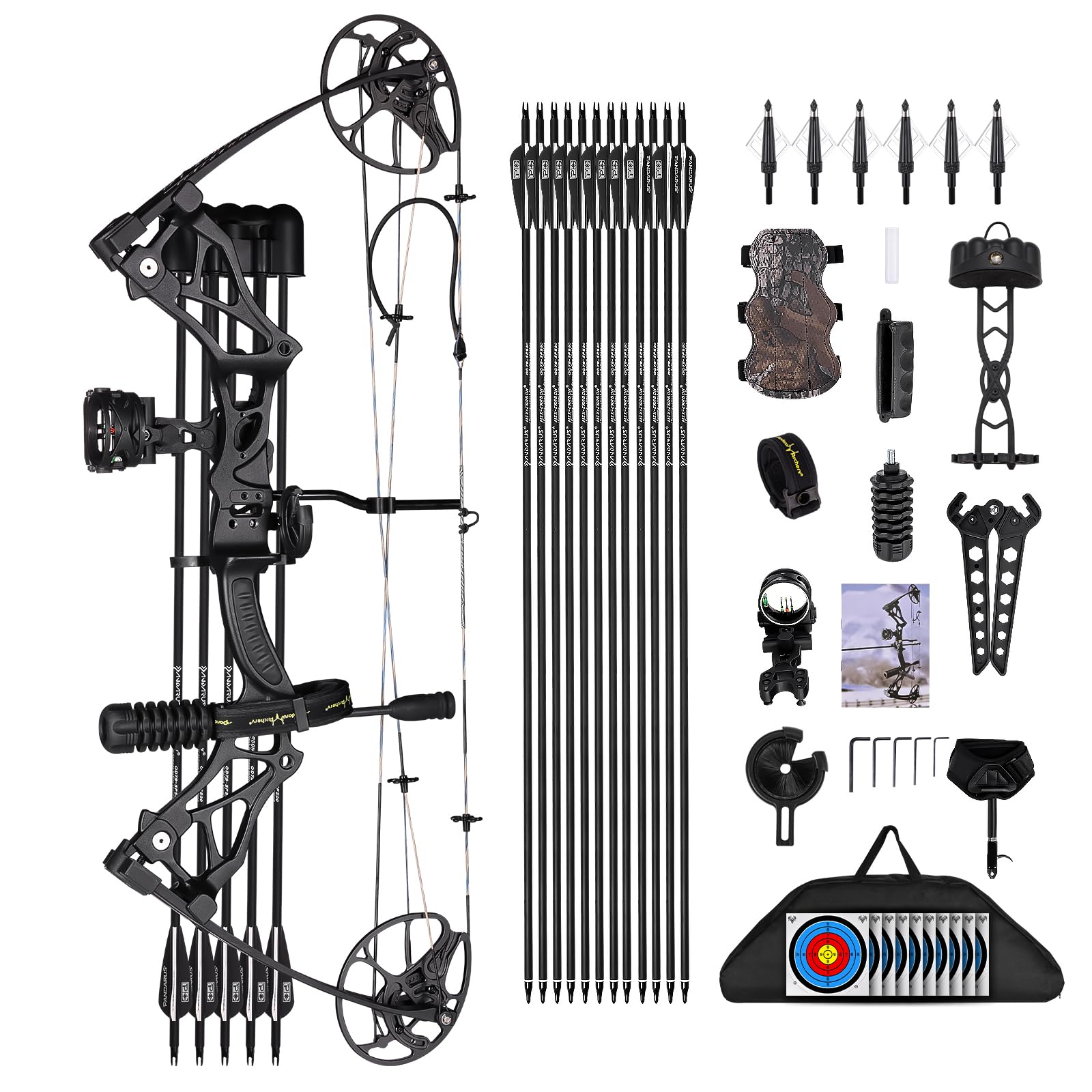 Photo 1 of Lightweight Compound Bow Package Fully Adjustable for Adults and Teens,23.5"-31" Draw Length,0-70LBS Draw Weight,Up to 320 FPS,Limbs Made in USA,Hunting Bow Archery Set Black-Bag-PRO