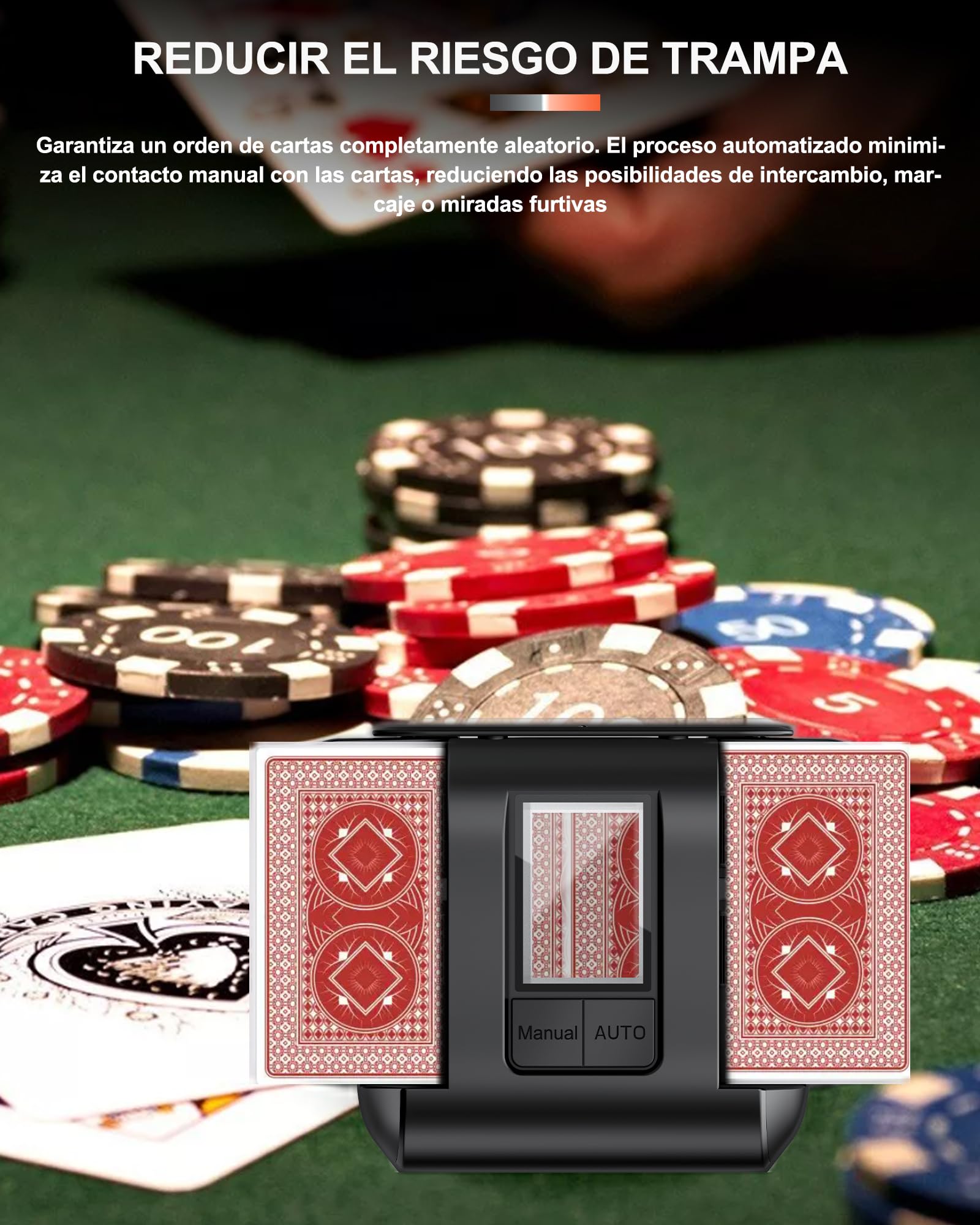 Barajador de Cartas Automático Eléctrico para 1-2 Barajas - Modo Auto/Manual Recargable 2000mAh USB-C - Silencioso - Compatible con Póker, Blackjack, UNO, Texas Hold'em, Skip-Bo y Phase 10