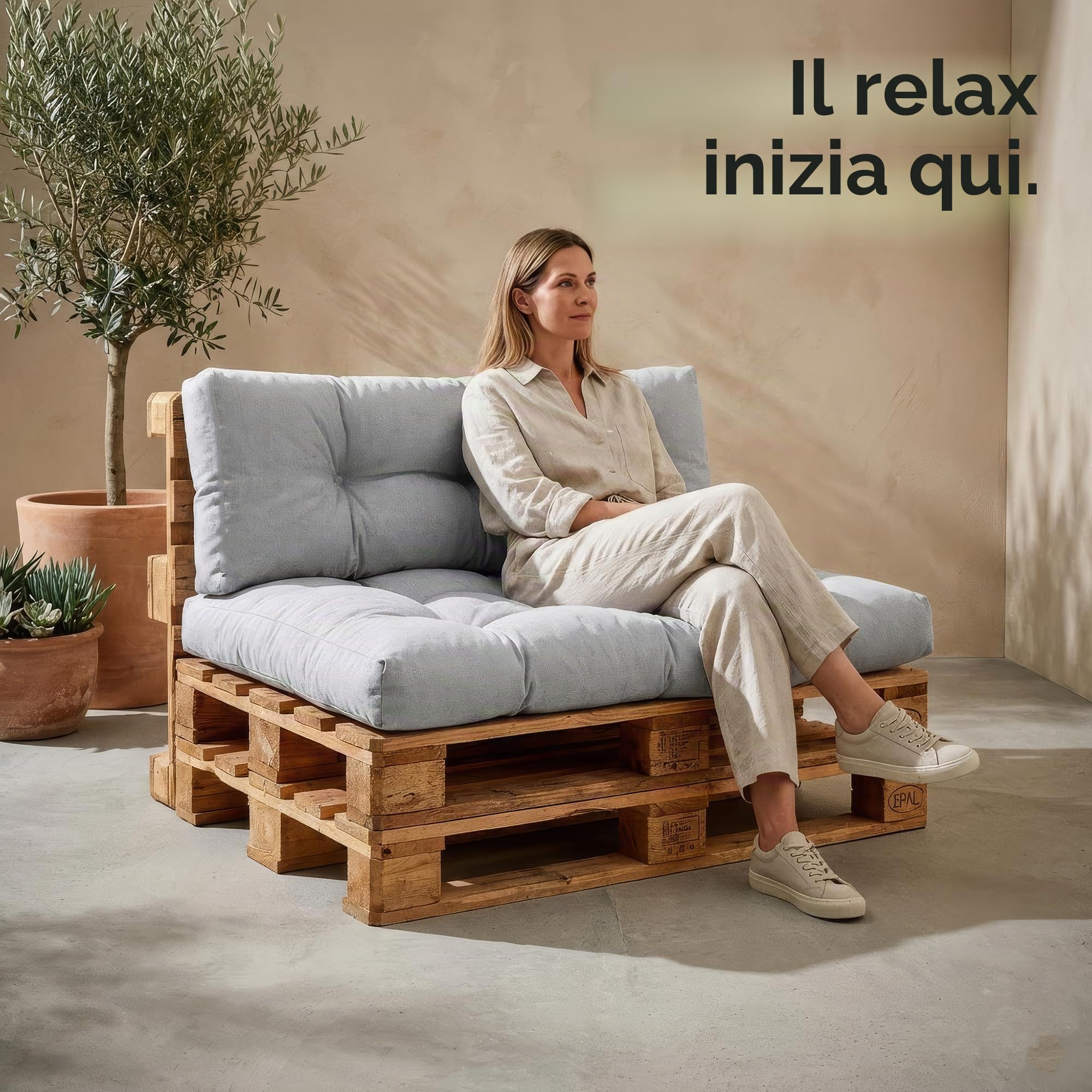 Set di Cuscini per Pallet – Cuscino D’assise per Pallet Europei – Imbottitura con Schiuma Granulare Poulirette – Include Cuscino D’assise 120x80cm + Schienale 120x40cm