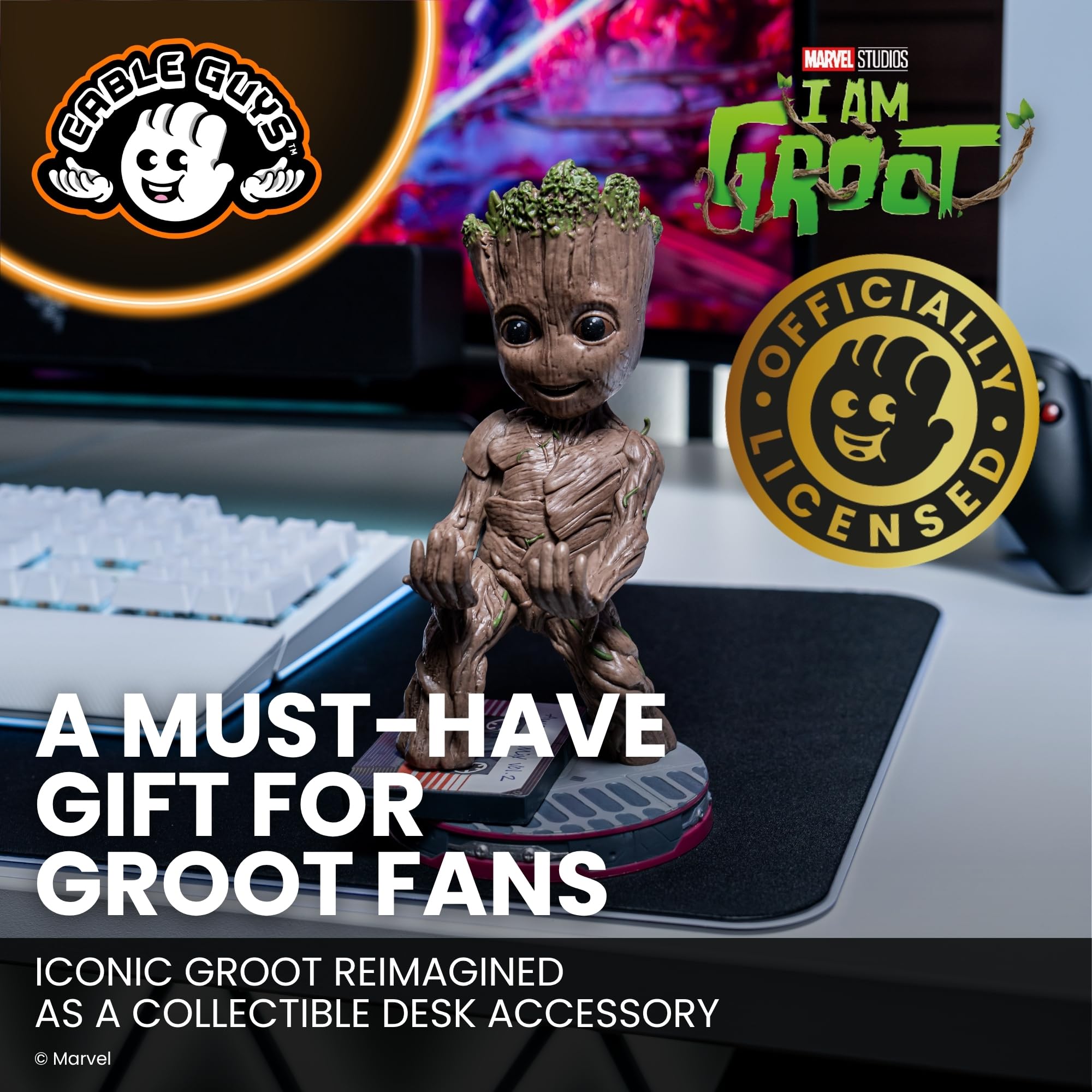 Cableguys Marvel Smiley Toddler Groot Soporte Mando y Movil - Figuras Soporte para movil y Mando, Compatible con Xbox, PlayStation y la mayoría de mandos estándar, Accesorios Escritorio Gaming