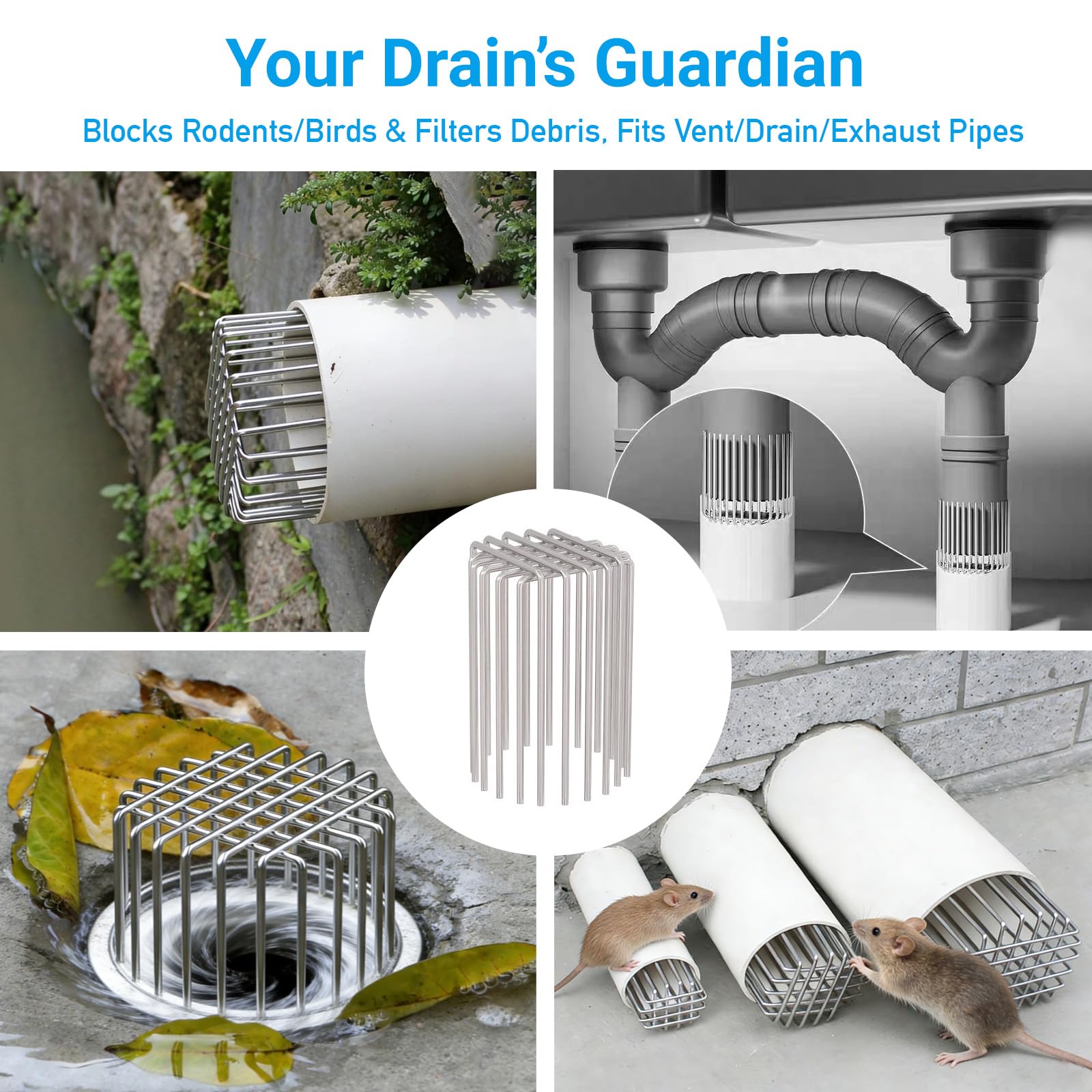 2 protectores de canalón de acero inoxidable (se adapta a tubos de 6 a 6.3 pulgadas), filtro de hojas expandible y cubierta de drenaje de techo, solución de pantalla de metal resistente para