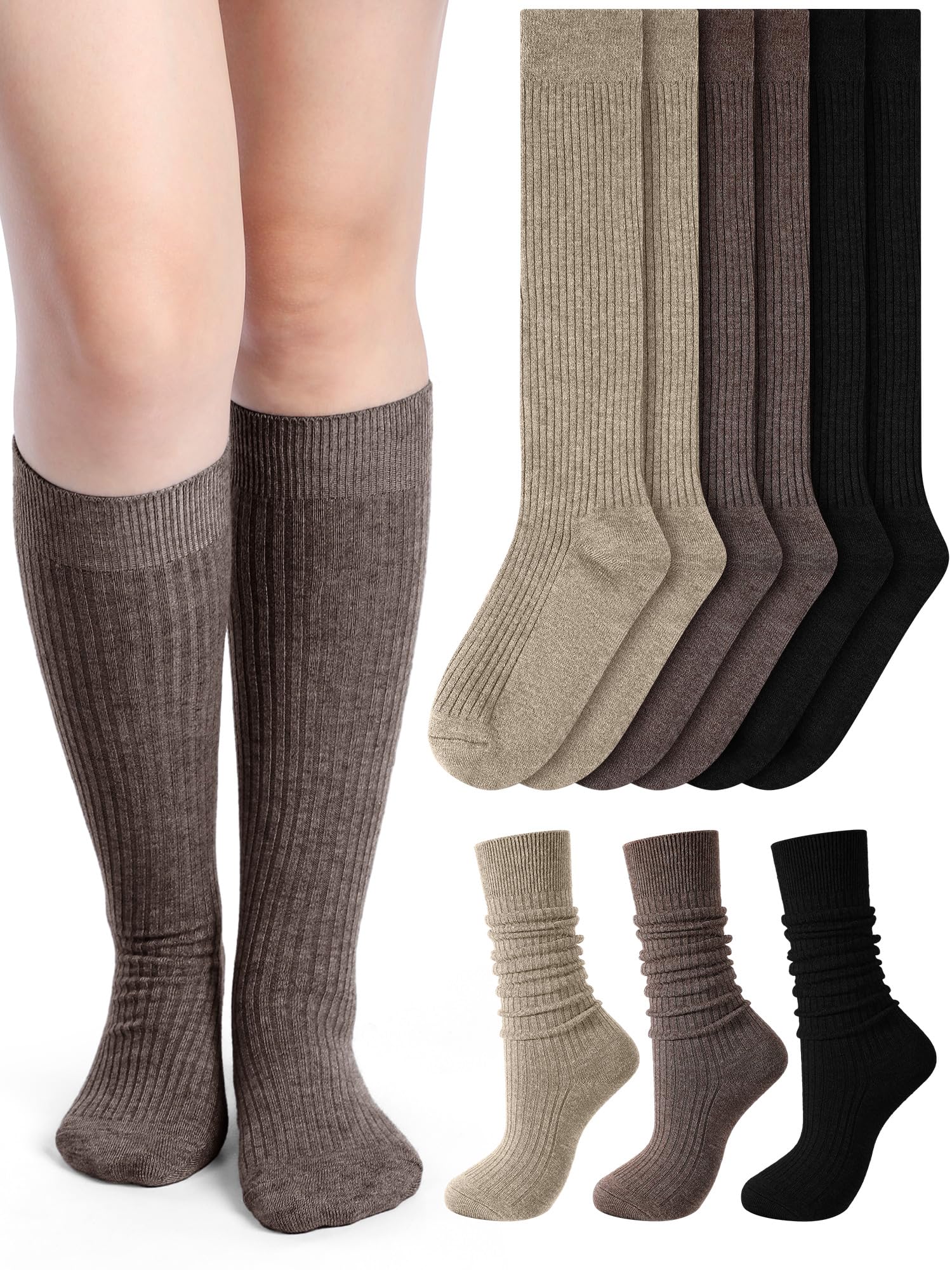 Shihanee 3 Pairs Ribbed Knee High Socks for Women Winter