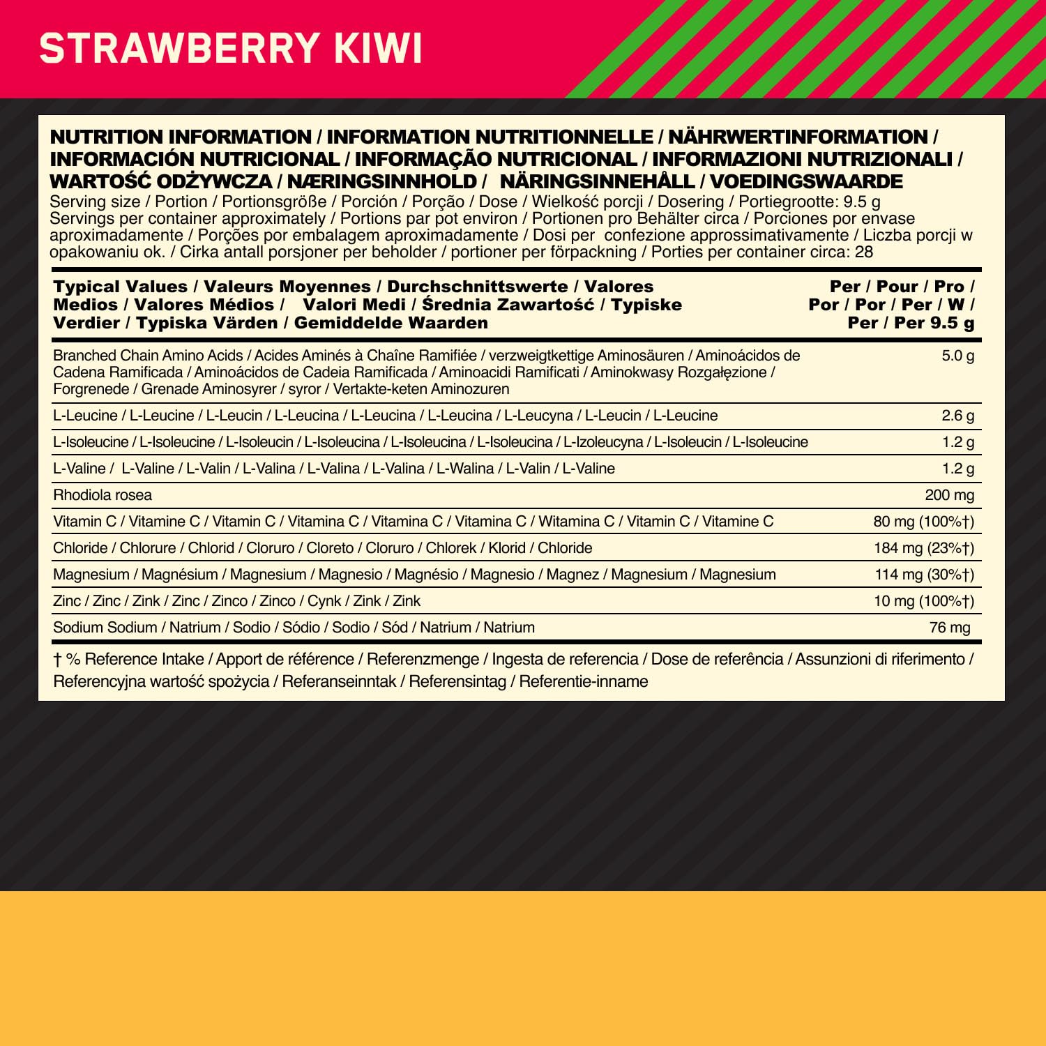 Optimum Nutrition Gold Standard BCAA Train + Sustain, poudre d'acides aminés pré-entraînement, boisson sportive, vitamine C, zinc, magnésium et électrolytes, saveur fraise & kiwi, 28 doses, 266 g