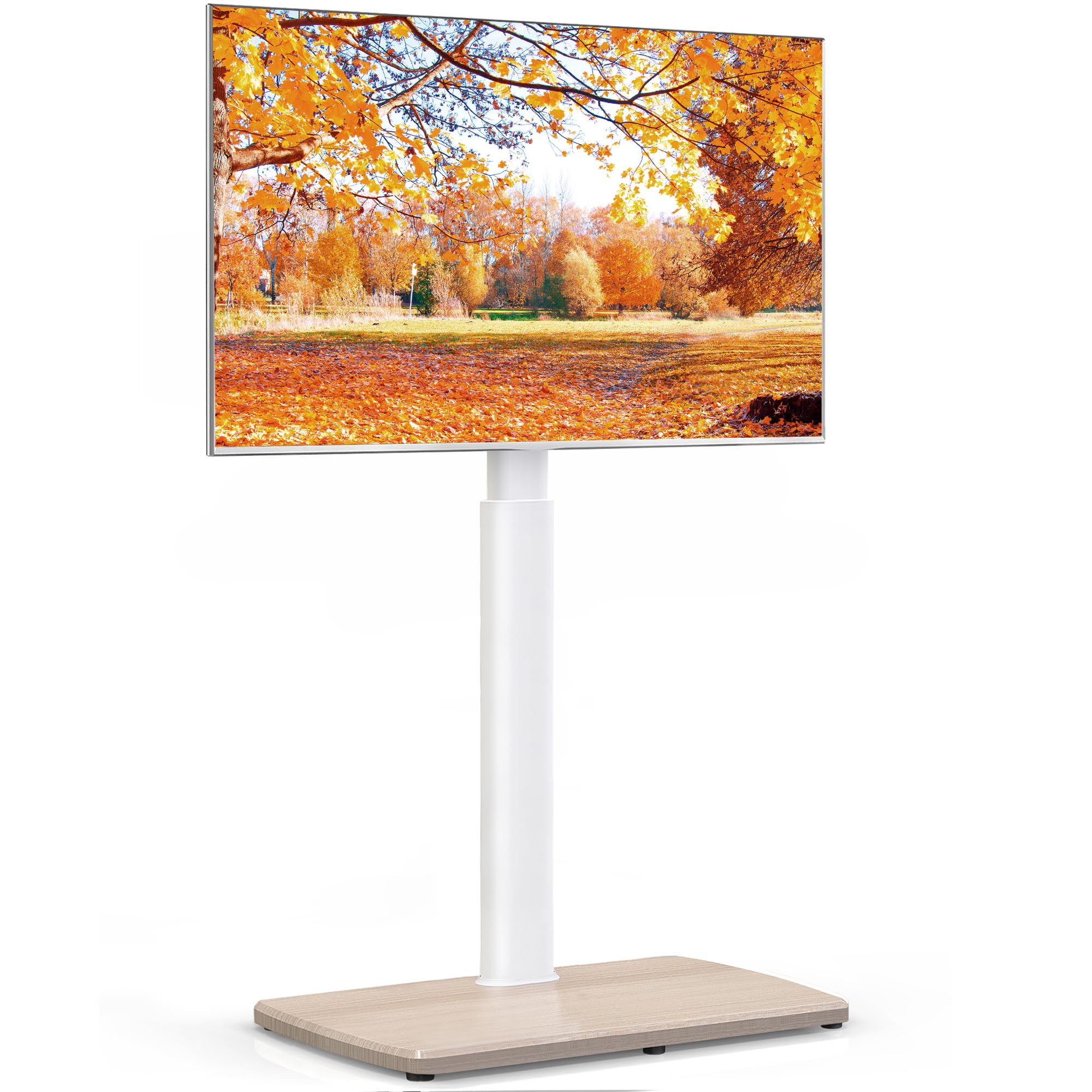 FITUEYES Soporte TV Pie 32-70 Pulgadas con Base Madera, MAX VESA 600×400mm | Soporte TV Suelo Giratorio, Altura Ajustable, Gestión Cable, Diseño para Salón, Dormitorio y Oficina