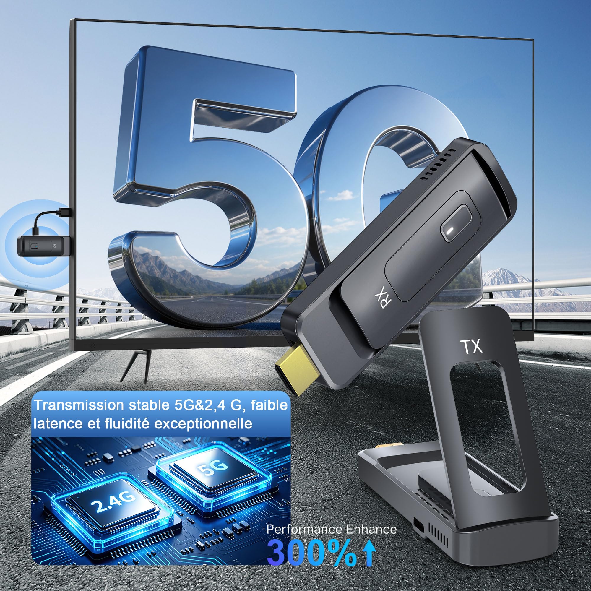 Émetteur et 4 Récepteurs HDMI sans Fil-Jusqu'à 6 TVs, 5G/1080P Extension HDMI sans Fil, Stream Vidéo pour Ordinateurs, PC, Caméras et Boîtiers TV vers Plusieurs TVs, Projecteurs ou écrans 165FT/50M