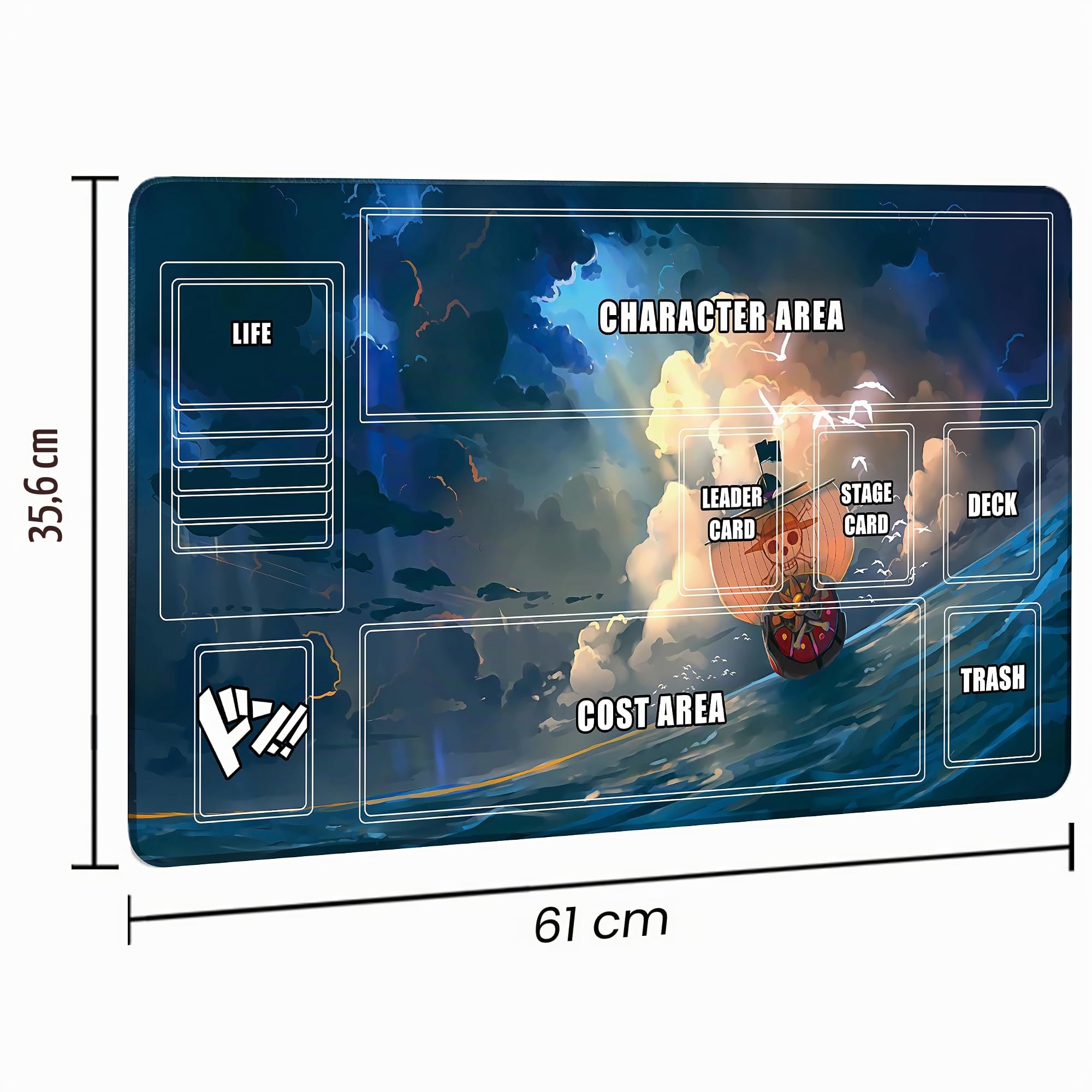 Tappetino da gioco per gioco di carte One Piece (61 x 35 cm) con gomma antiscivolo, design a zone, custodia professionale inclusa, più un set di 20 contatori danni (barca d'onda)