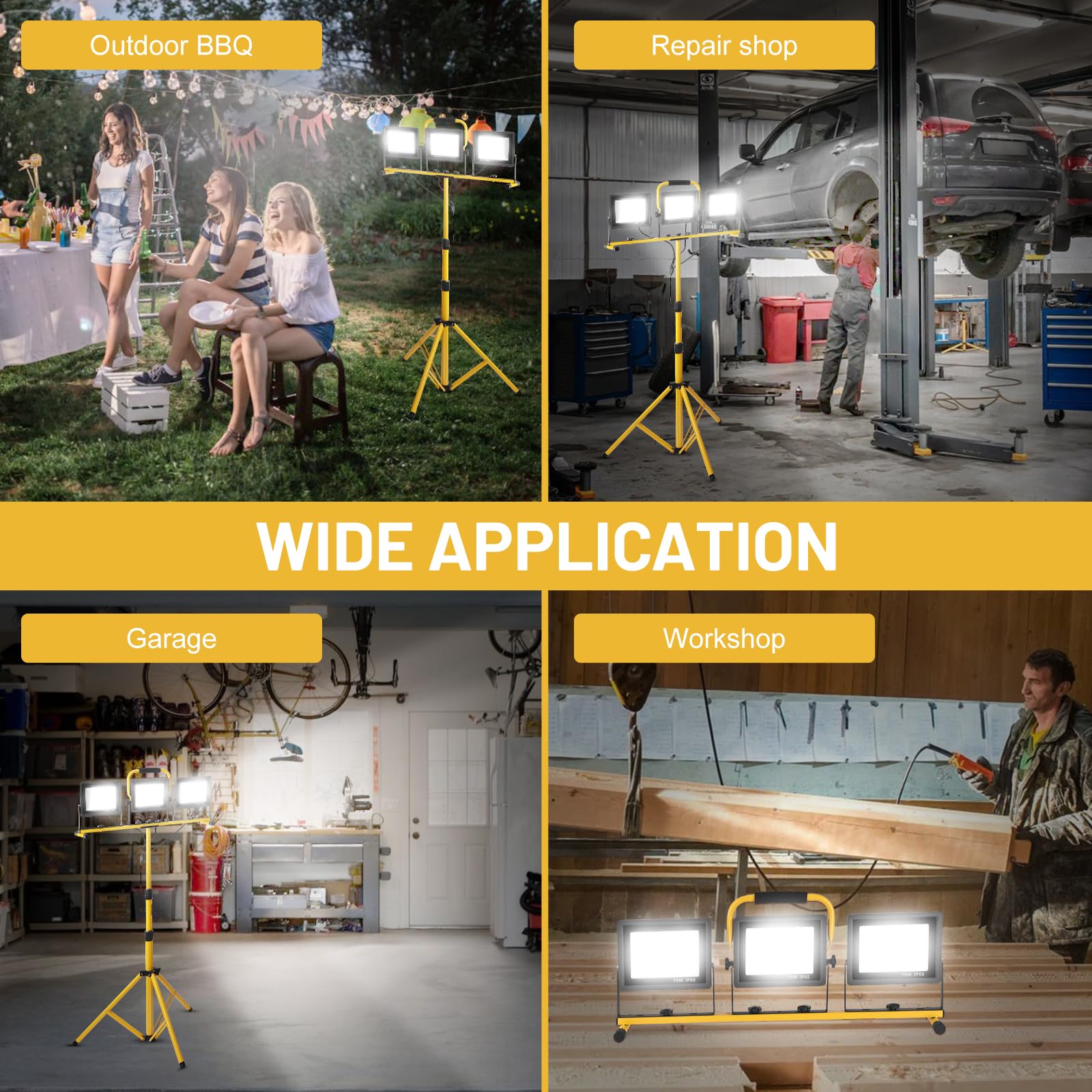 Yofuly Foco LED 3x 70W, Foco de Trabajo 21,000LM 6500K, Focos LED Portátil para Obras con Trípode Telescópico de Metal, Cable de 5M, IP66 Impermeable, Luz de Trabajo para Construcción