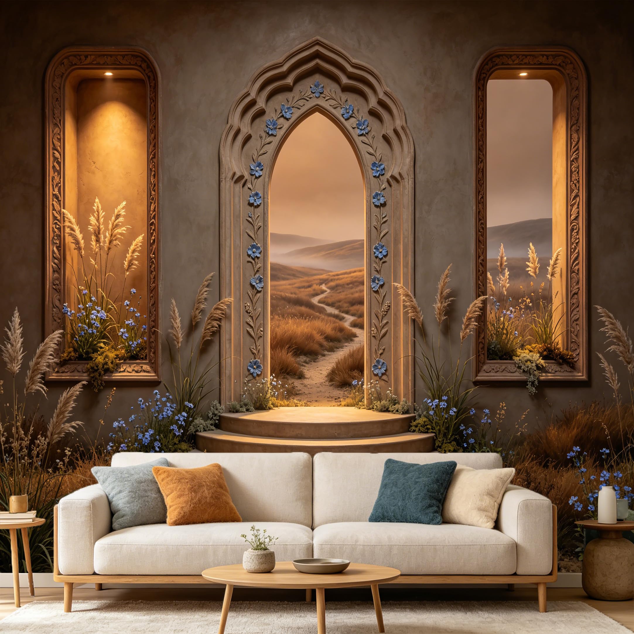 Custom Size Wall Mural， Mediterranean Stone Archway Desert Landscape Floral Meadow， SelfAdhesive Art Prints wall Fabric Removable Large Wallpaper Home Living Room Decor