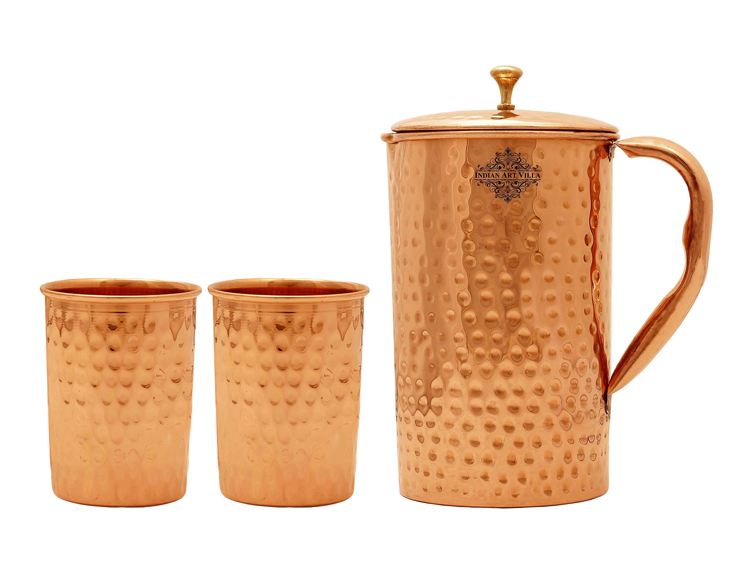 Indian Art Villa Embossed Copper Jug Pitcher With 2 Glass Tumbler Cups Drinkware Serveware 3 Pieces Copper Brown