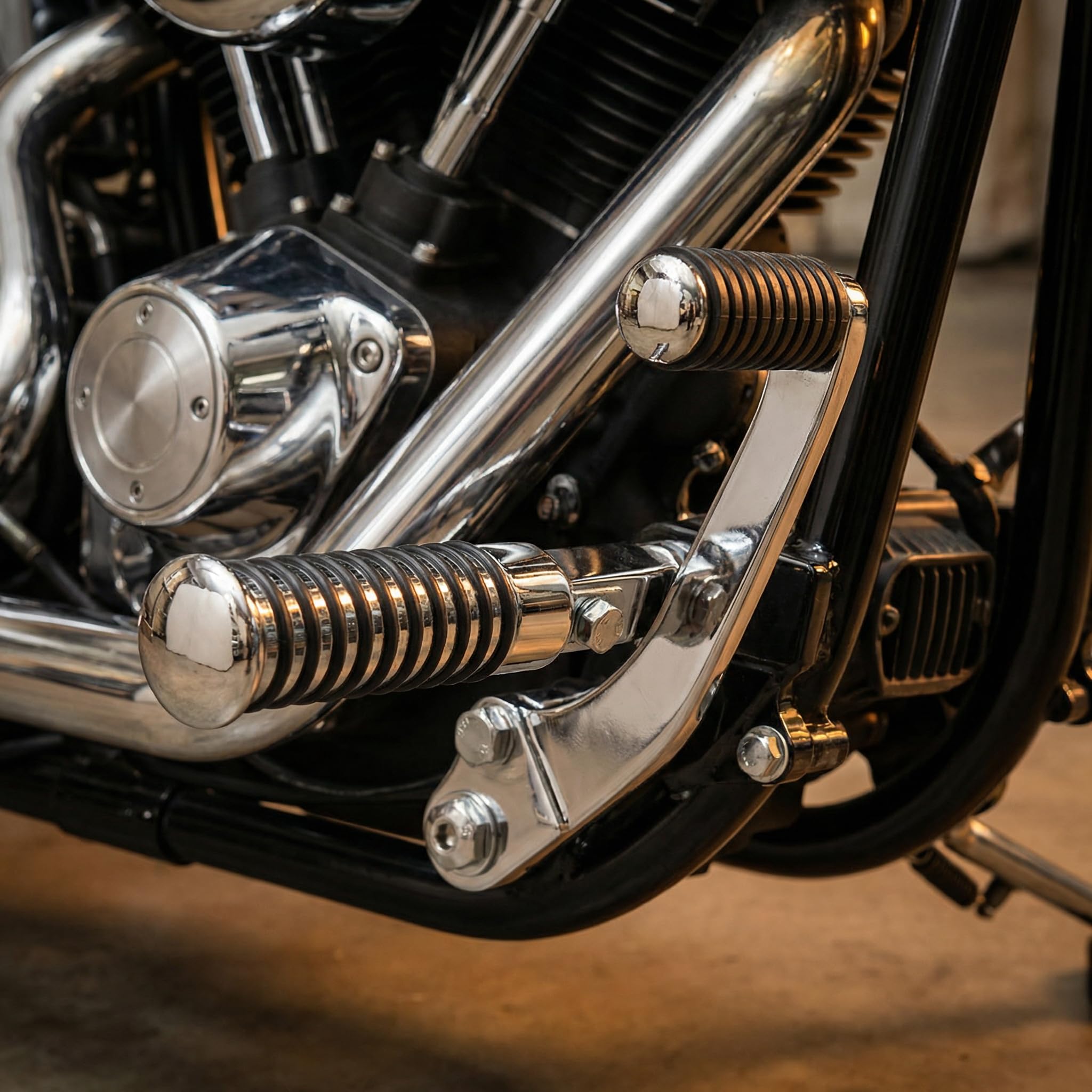 Fußrasten Chrom Universal Sundance mit Halter - Für Harley Honda Suzuki Yamaha Custom Motorrad