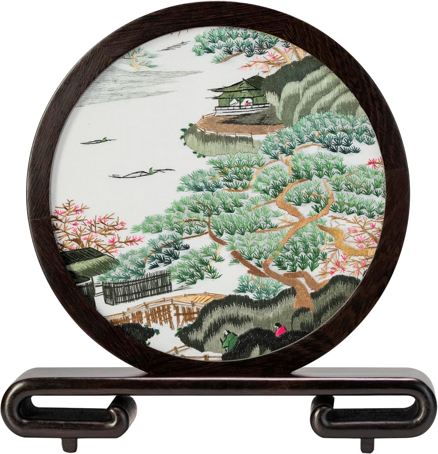 Ebherys Hand Embroidery Art, 8” Glass Round Screen for Desk Top, Handmade Needlework on Silk Mat with Solid Wood Frame, Two Sides with Same Gingko Fish Image for Home and Office Decor (Gingko)