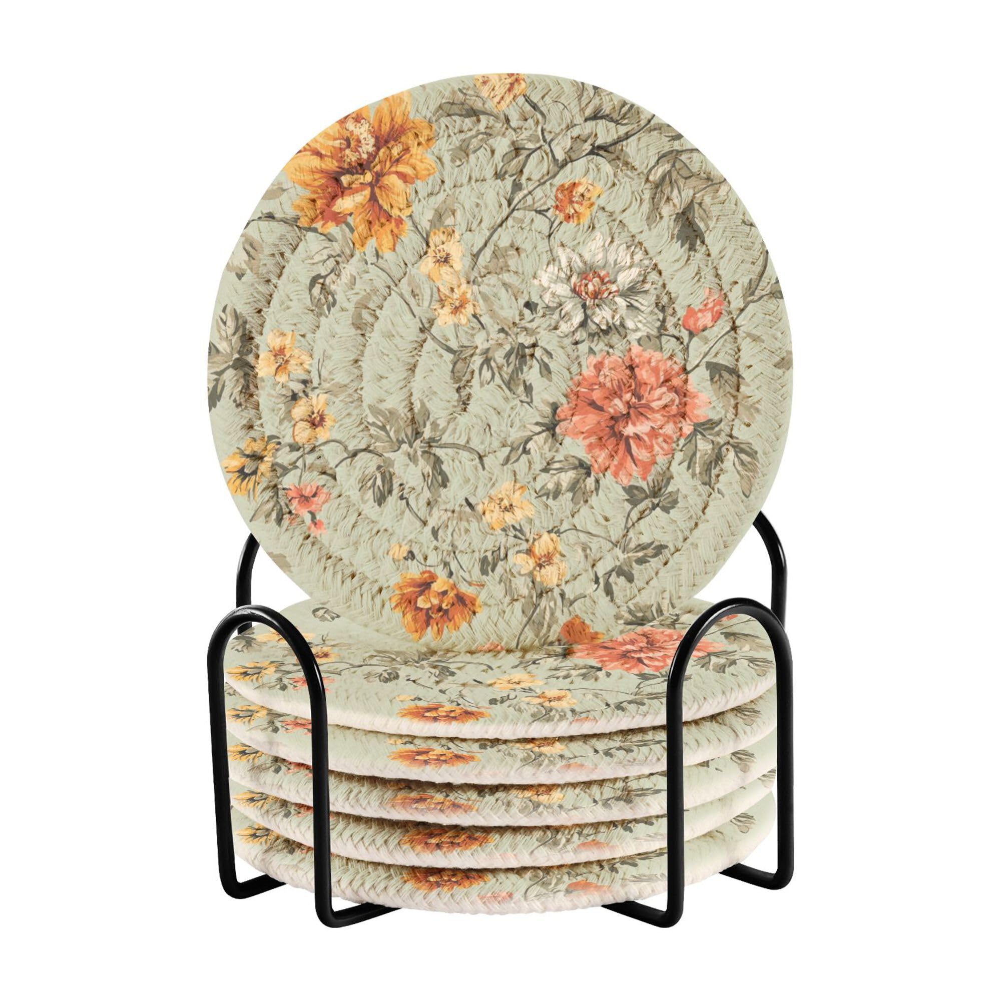 Flowers Orchid Peony Dahlia Sage Green Cotton Rope Coasters with Holder Set of 6 Aesthetic Coasters