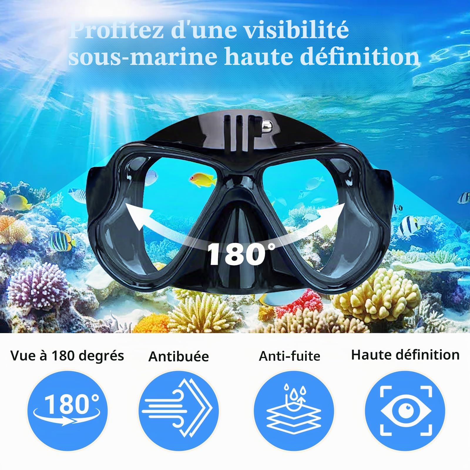 Masque Plongée Adulte, Masque Tuba Snorkeling avec Support de Caméra, Lunettes de Plongée Panoramiques Anti-Buée Étanche en Verre Trempé et Tuba Respiration Sèche