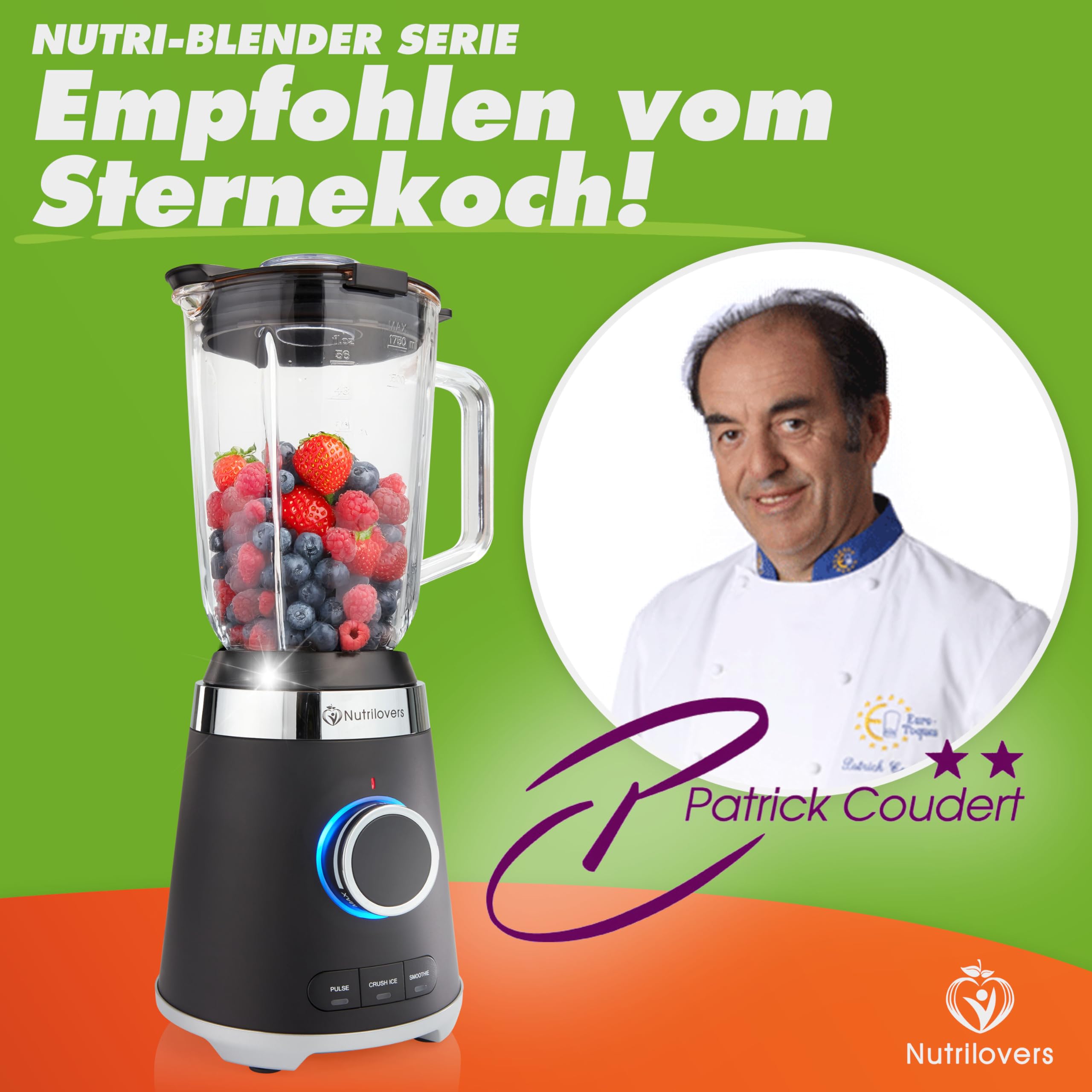 NUTRI-BLENDER GLAS mikser stojący o wysokiej wydajności, 1300 W, mikser do smoothie, profesjonalny blender, szklany pojemnik 1,75 l, obudowa ze stali nierdzewnej, 4 ostrza, nie zawiera BPA, cichy