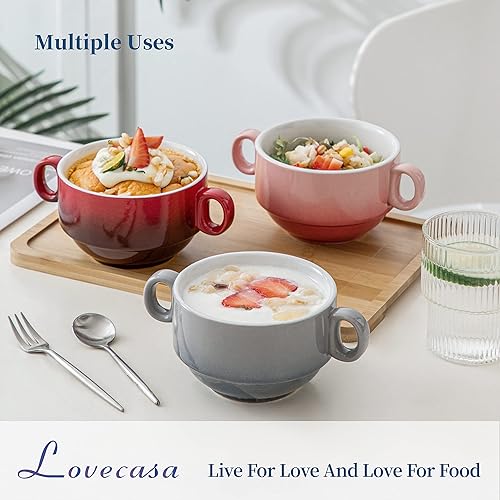 Miniatura 2 de LOVECASA Juego de 6 cuencos de sopa multicolor de 12 onzas con asas, cuencos pequeños de cerámica para sopa de cebolla francesa, mini tazas de sopa