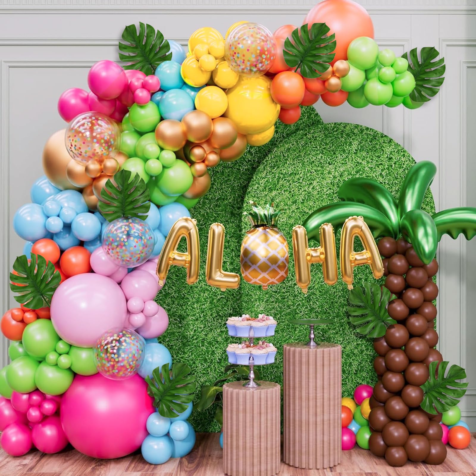 Luau Hawaiian Tropical Balloon Arch Garland Kit – 170PCS with Palm Tree, Pineapple & Aloha Foil Balloons for Summer Birthday, Luau Party Decorations &