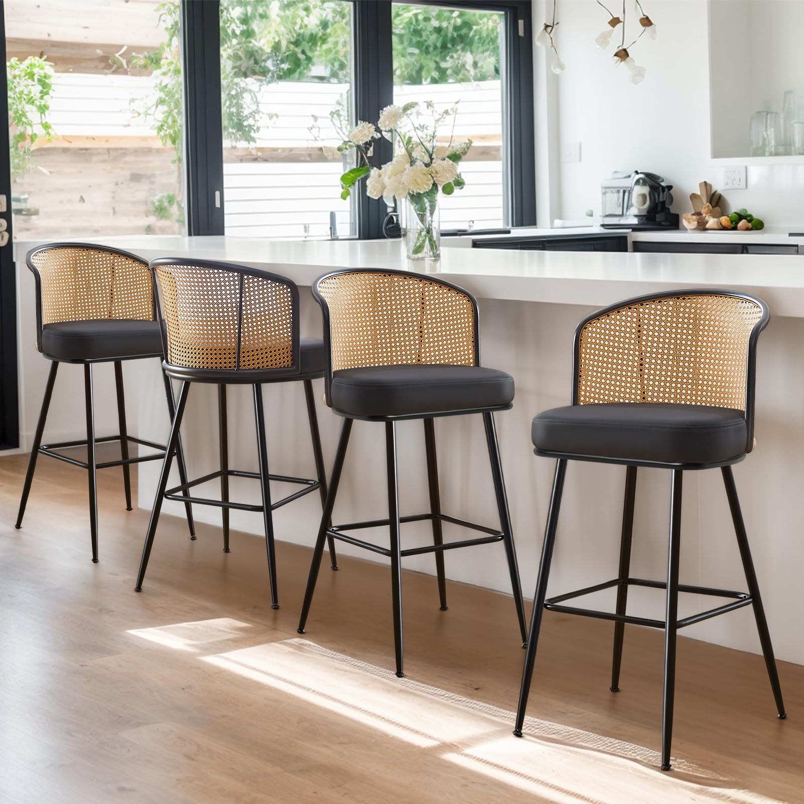 WOOW DEPOT 29" Bar Height Stools Set of 4, Rattan Bar Stools with Cane Back & PU Leather Seat, Modern Farmhouse Barstools for Kitchen Island, Pub,
