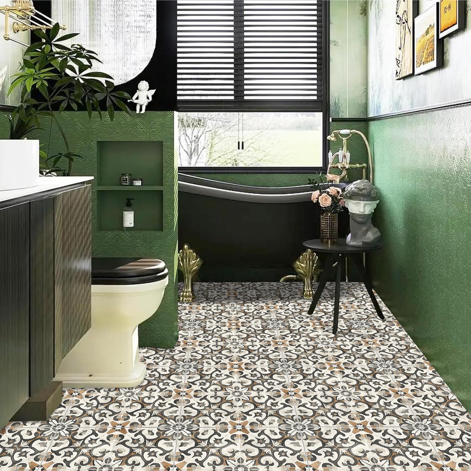 10 piezas de 12 x 12 pulgadas, estilo retro, gris, marrón, geométrico, cuadrado, vintage, pelar y pegar, azulejos de vinilo extraíbles e impermeables para baño, entrada, cocina, bar, habitación