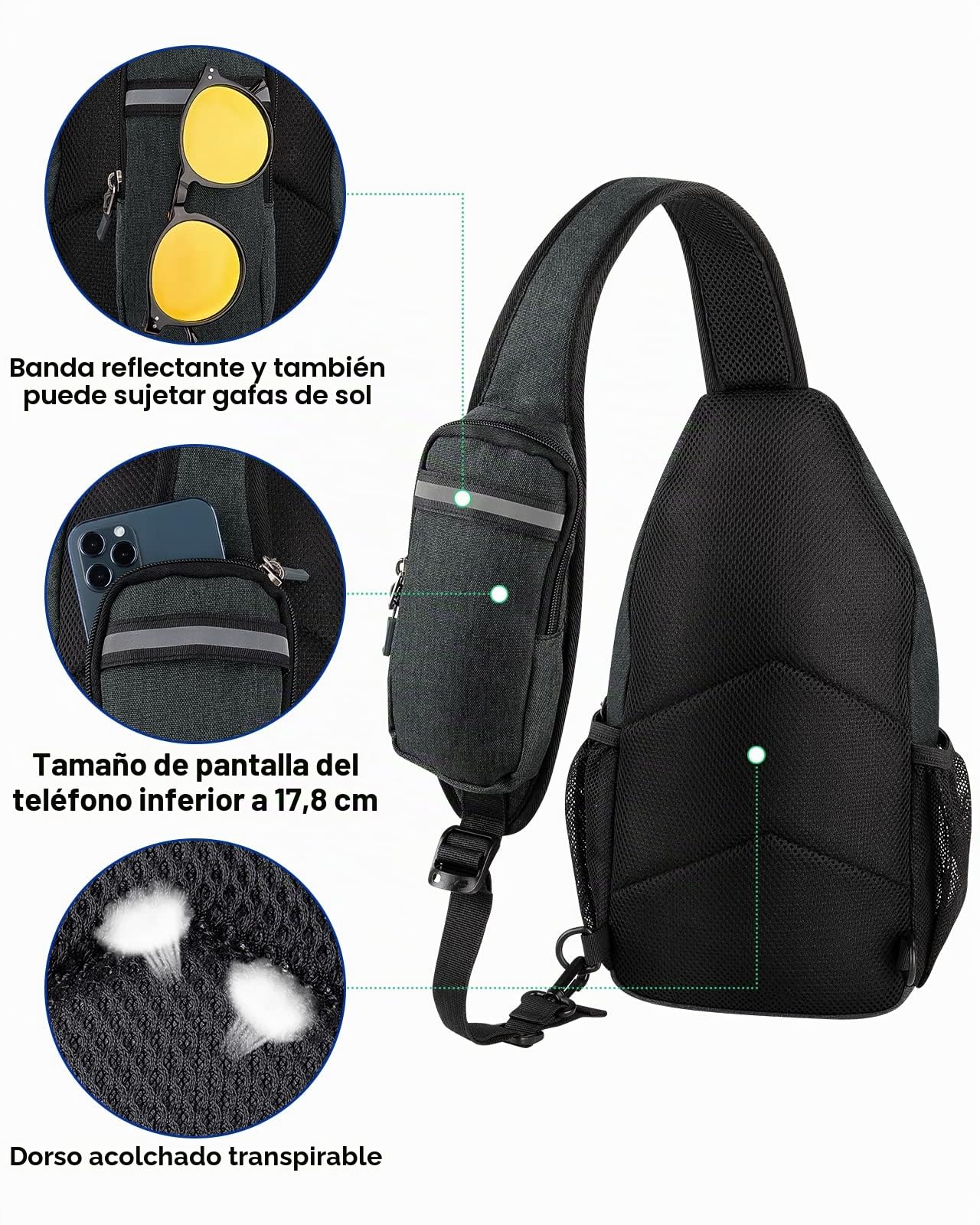 WATERFLY Pequeña bolsa de senderismo: mochila cruzada para el pecho para hombres y mujeres con correa de hombro agradable a la piel