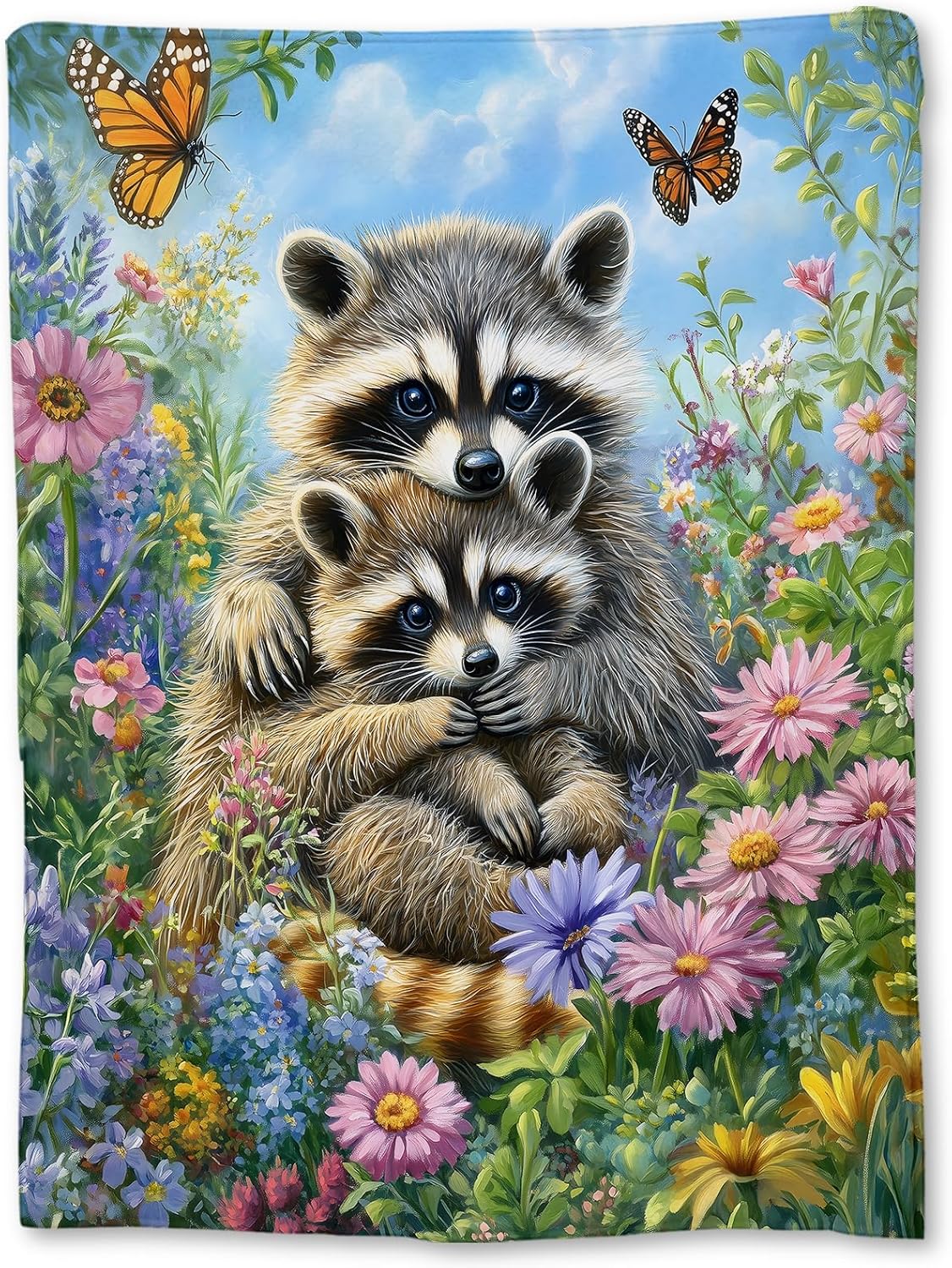 Ti Caldi Cute Raccoon and Cub Blanket with Floral, Soft Fuzzy Flannel Throw Blanket for Couch, Bed, Travel & Home Decor, Lightweight Cozy Warm Blankets for Adults Kids Men Women 60×50 in