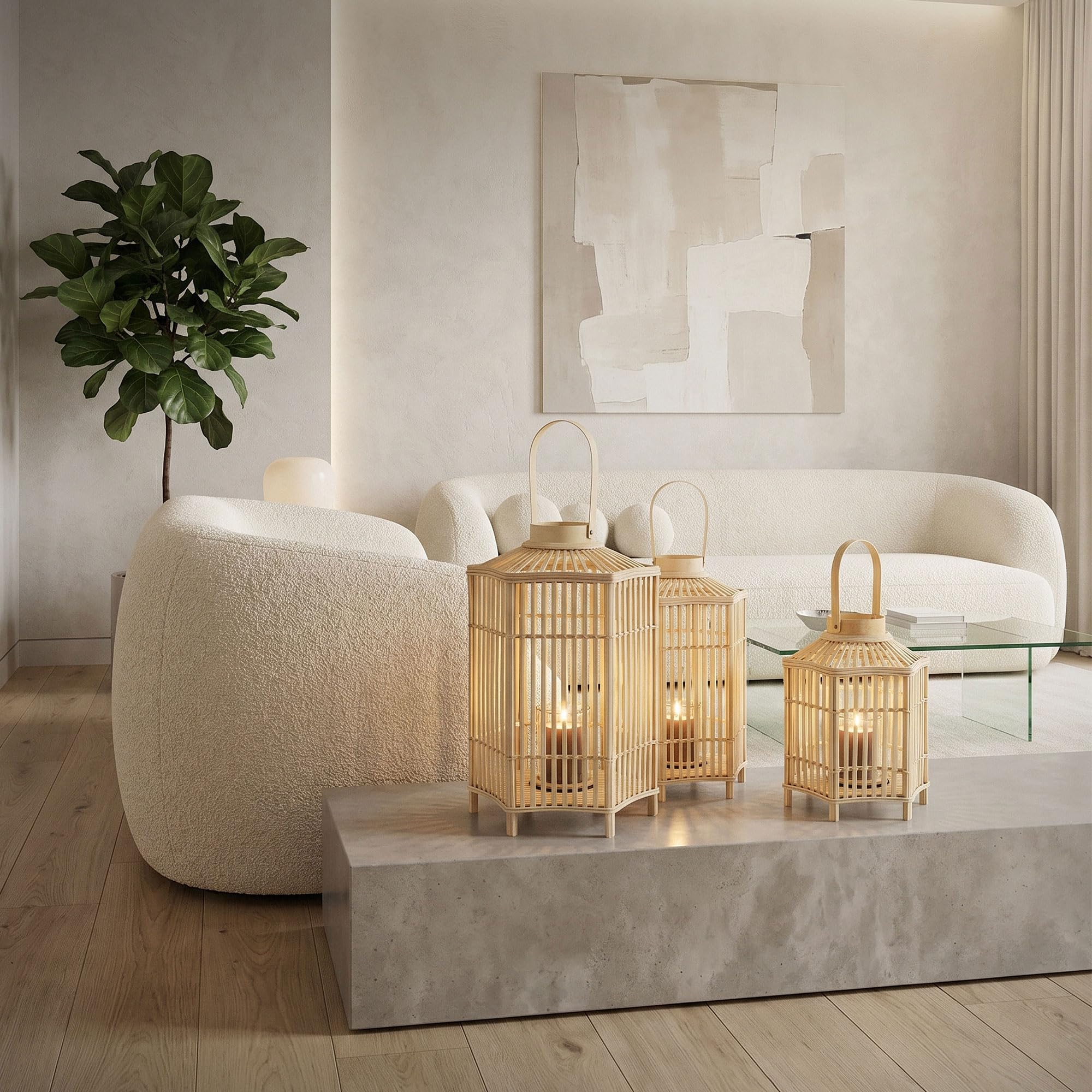 ECD Germany Linterna de Bambú Madera, 60 cm de Altura, Portavelas de Jardín con Asa y Inserto de Cristal, Farol de Estilo Boho, Lámpara Colgante Interior/Exterior Decorativo para Terraza, Balcón