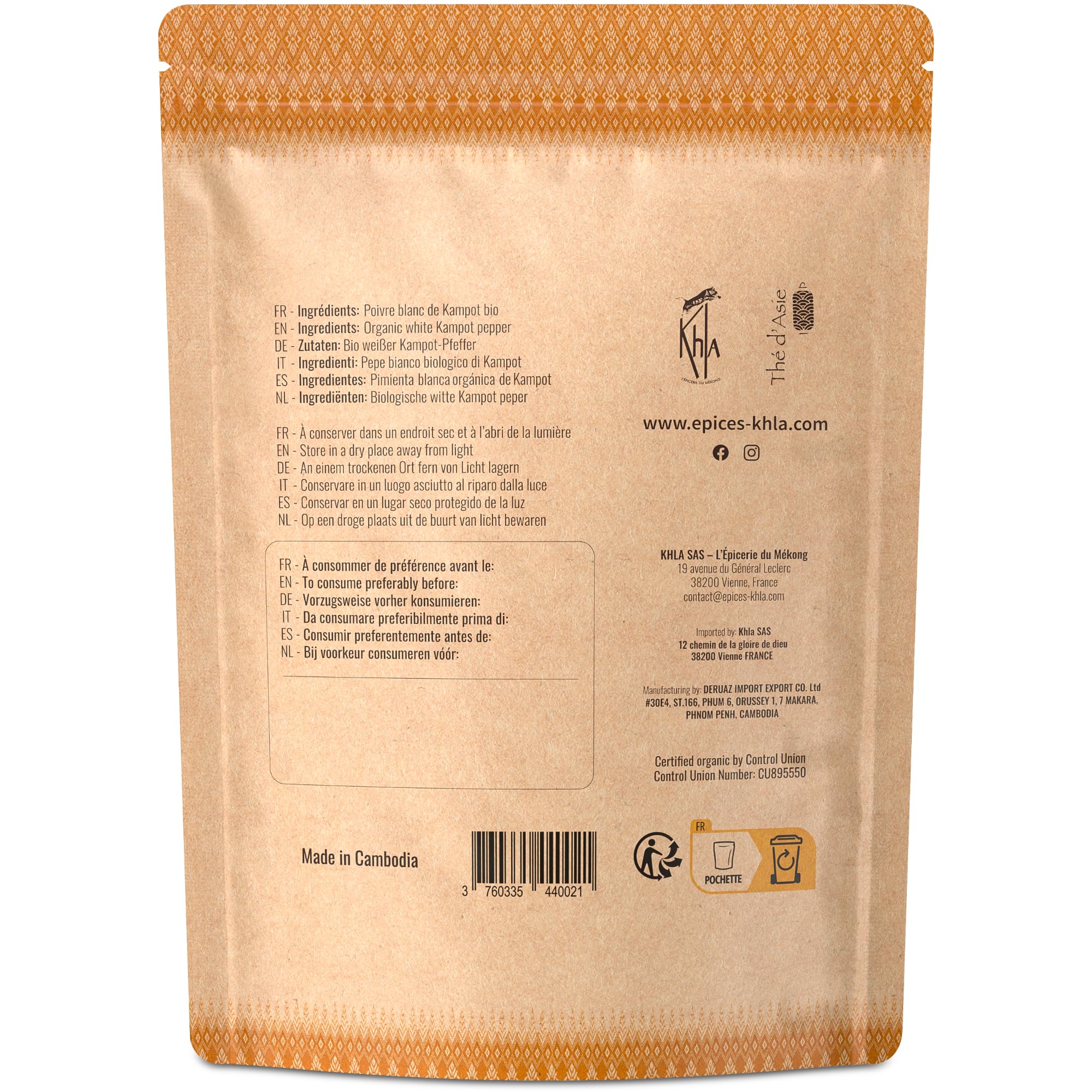Khla - Kampot Pfeffer Weiß Bio 200g - Weißer Pfefferkörner Ganz Biologisch - Grand Cru, Stark & Kräftig - Zutat Küchen - Direkt vom Erzeuger - Weiße Körner Ganze für Mühle - Aus Kambodscha