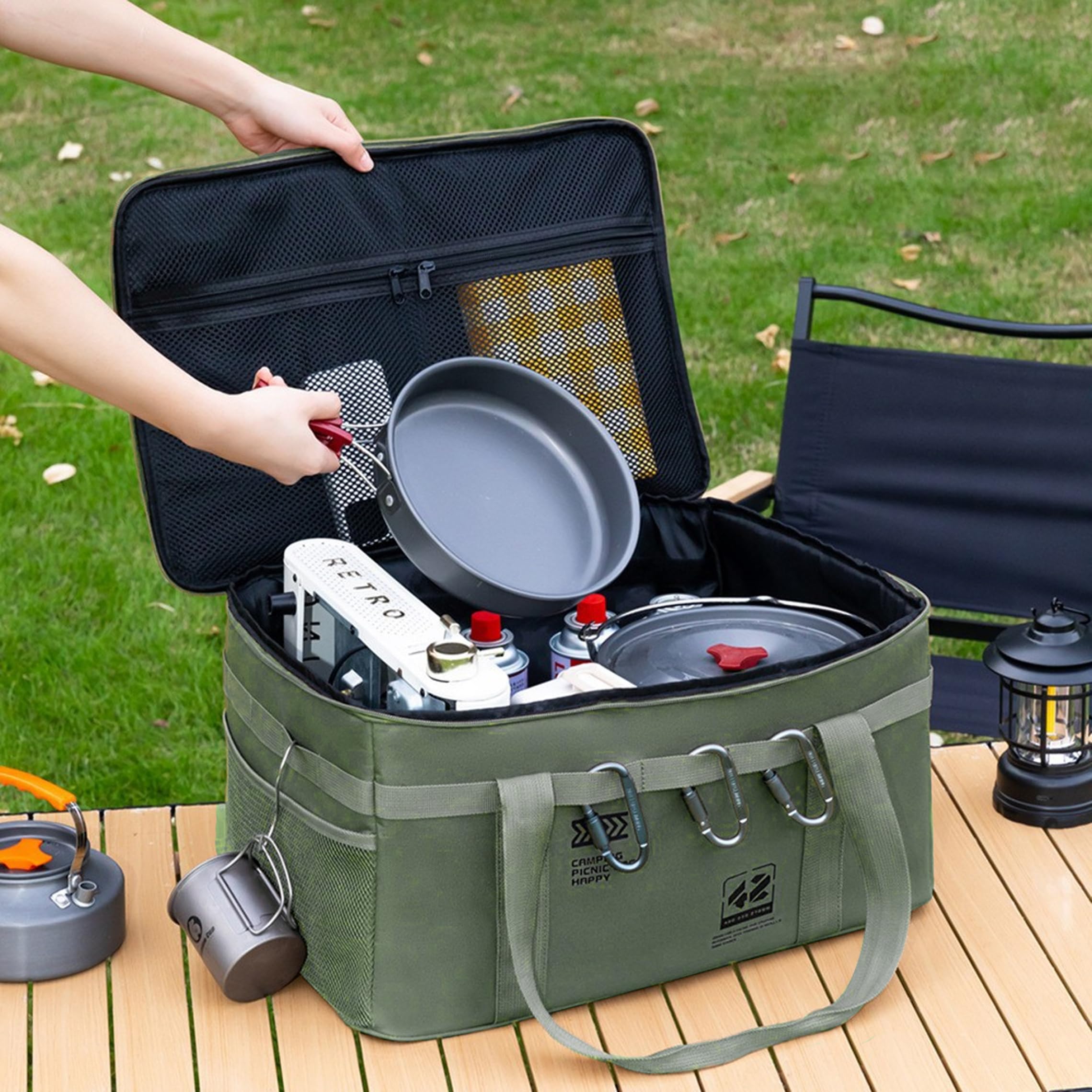 Camping-Aufbewahrungsbox, wasserdichte große Campingtasche, tragbarer Camp-Küchen-Organizer für den Außenbereich – 42 l grün, Aufbewahrungstasche
